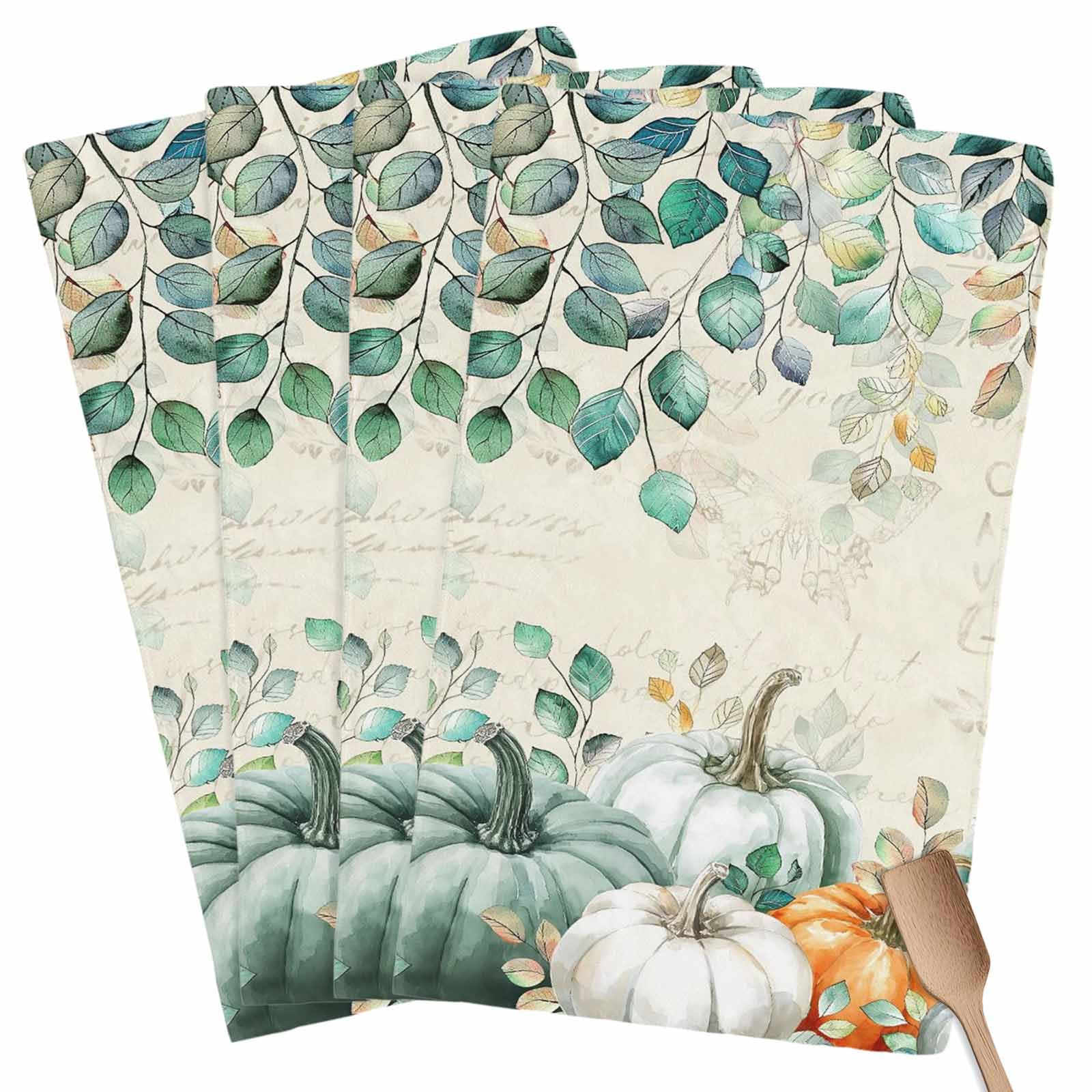 Fall Kitchen Towels Harvest Pumpkin Thanksgiving Hand Towels Green Leaves Dish Towel Cleaning Cloth Soft Absorbent Quick Drying 4 Pack Dish Cloths for Kitchen, Bathroom Autumn Decoration