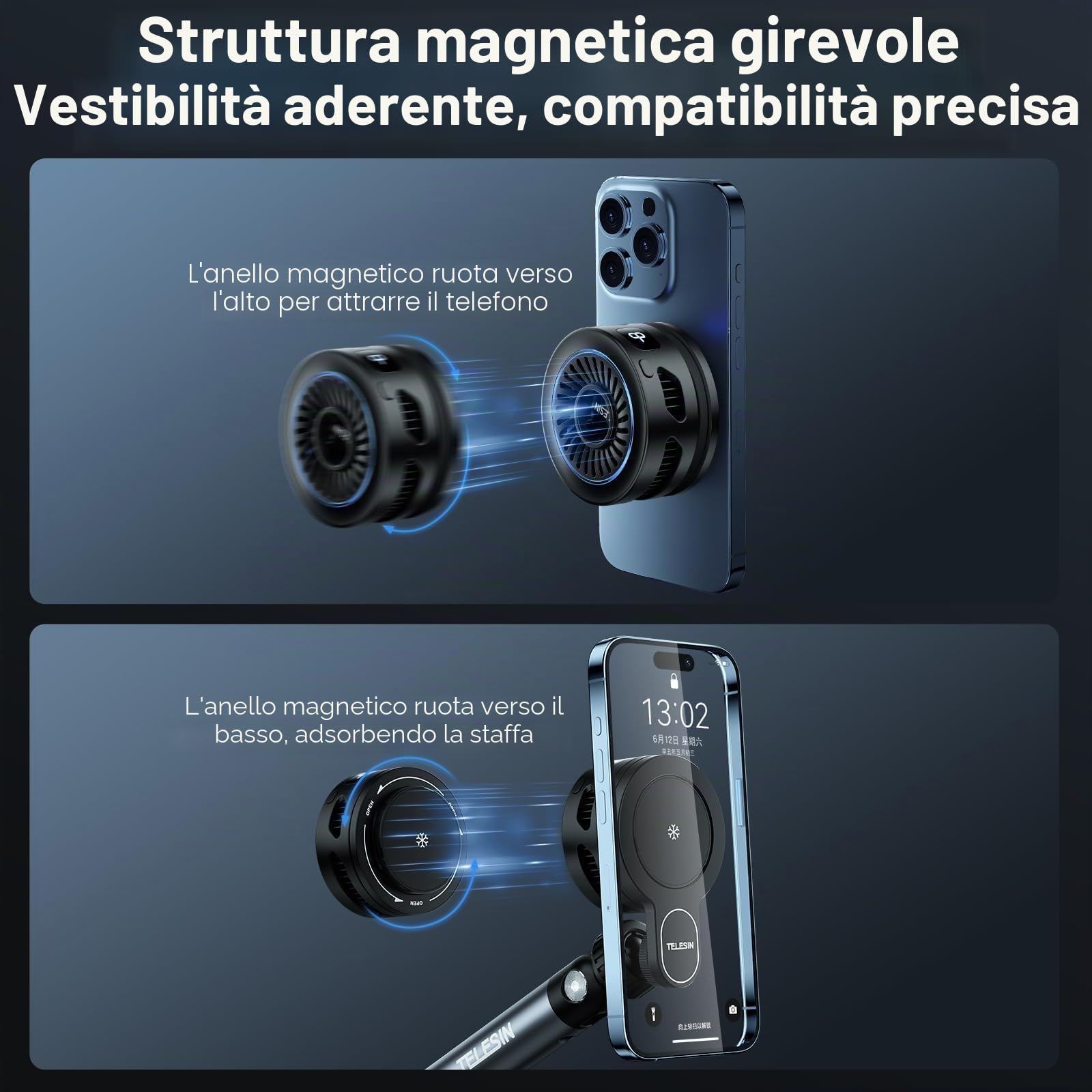 TELESIN° Dispositivo di Raffreddamento per Telefono per Trasmissioni in Diretta, Registrazione Video all'aperto e Giochi Mobili per MagSafe, Ventola di raffreddamento con iPhone/Android/Ipad