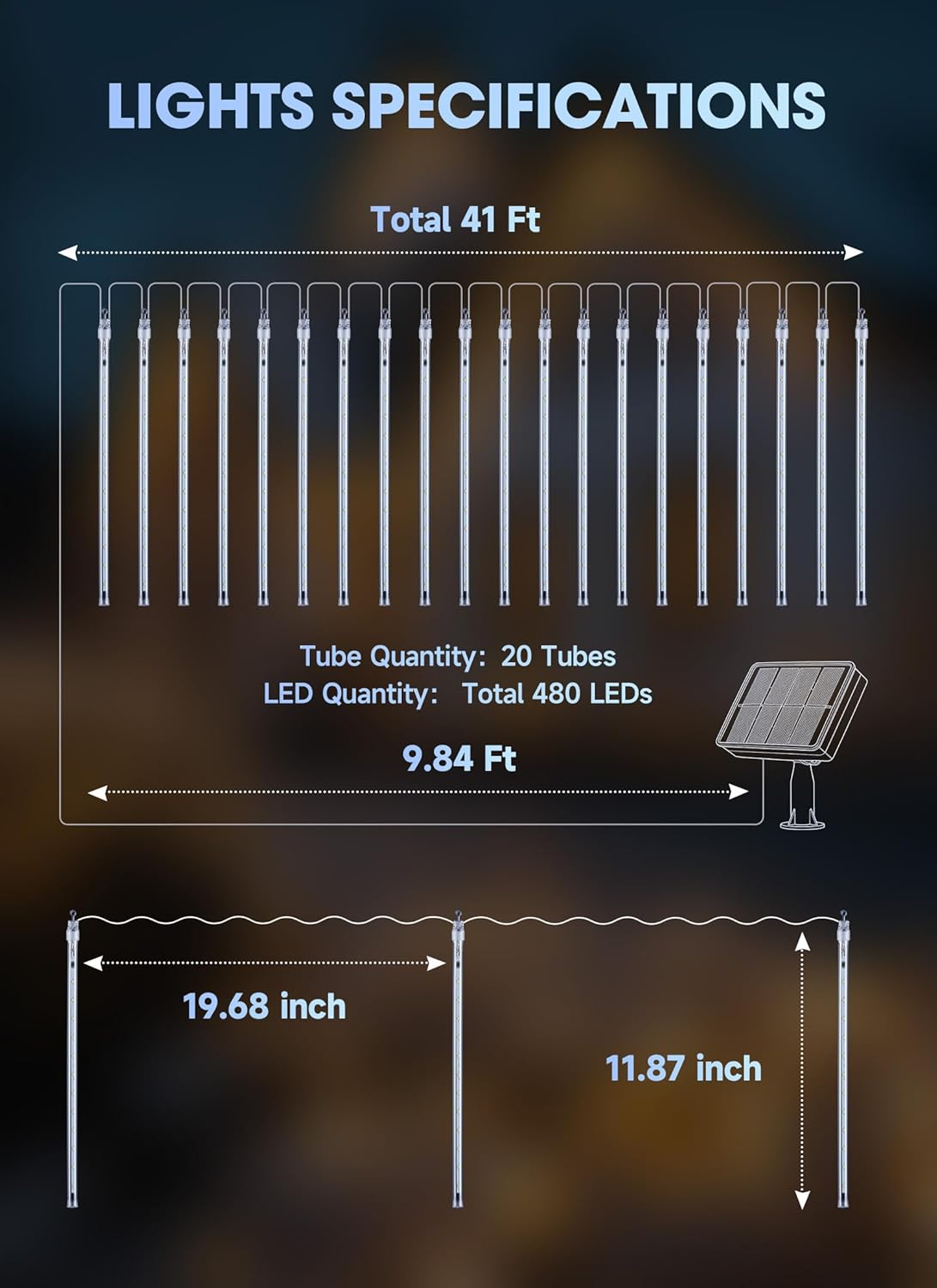 Minetom Solar Meteor Shower Icicle Lights, 20 Tubes 480 LED Christmas Outdoor Waterproof, Cascading Falling Rain for Holiday Party Wedding Decorations, Pure White