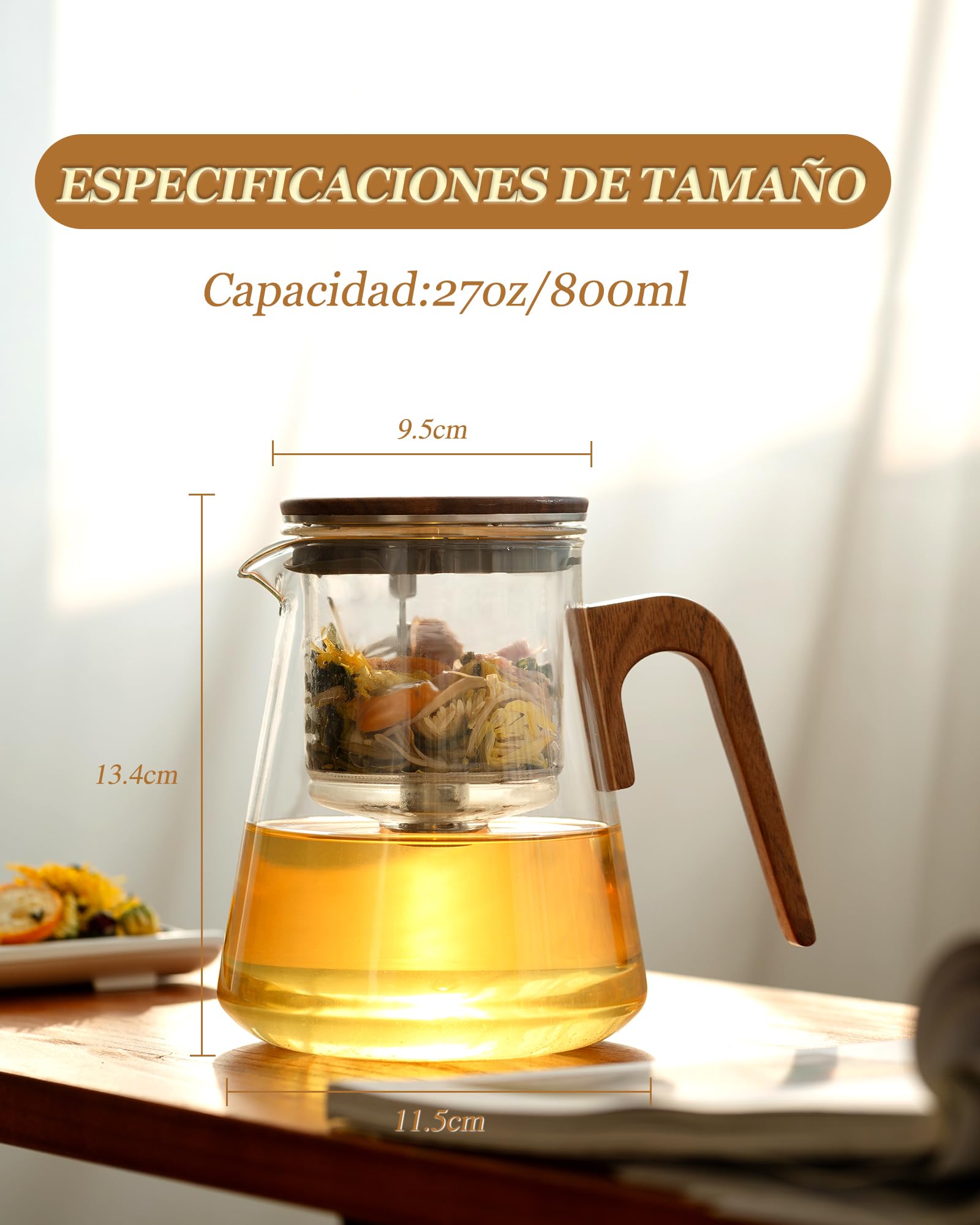 Tetera de cristal para separación de agua con filtro, Magnética Flujo hacia abajo, Tetera infusiones mágica para té en, mango de madera de nogal, regalos para los amantes del té-800ML