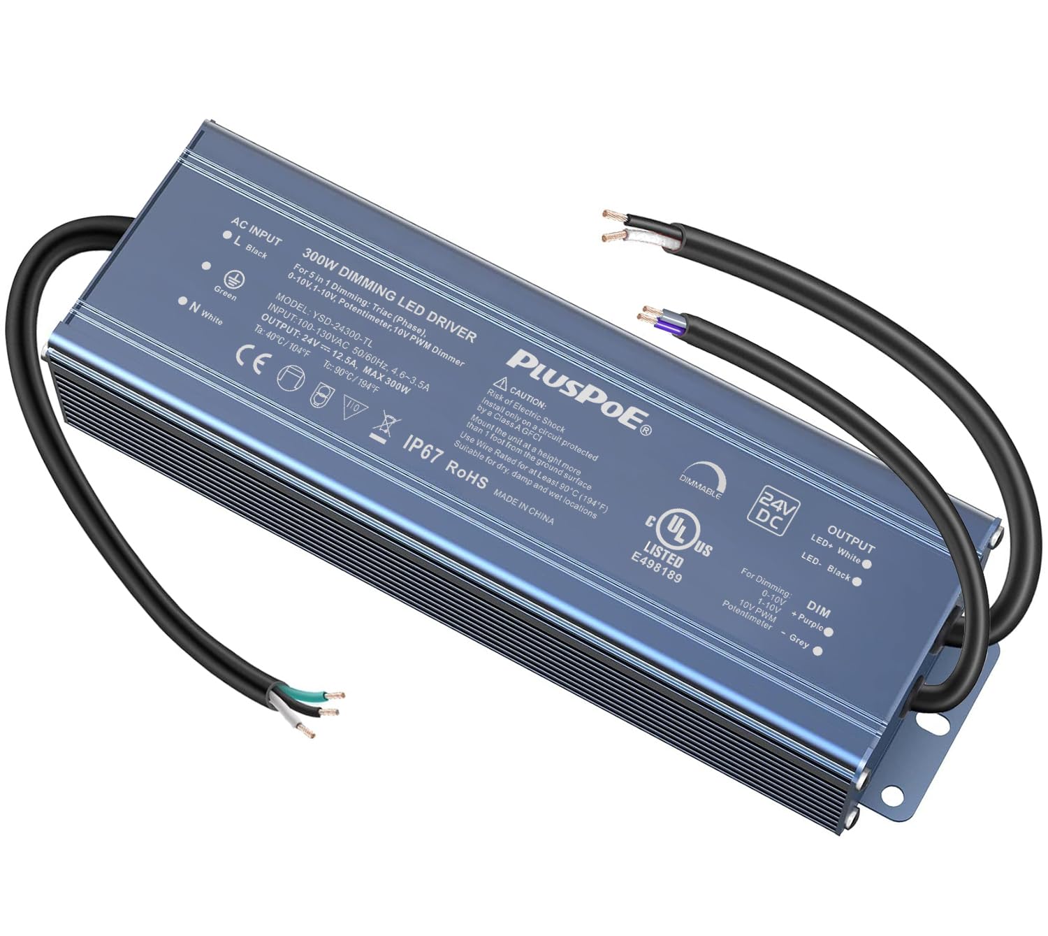 PLUSPOE 24V 300W Led Dimmable Driver, UL-Listed 5-in-1 Dimming: ELV/MLV/Triac/0-10V/1-10V/PWM/Potentiometer Dimmable LED Transformer Waterproof IP67 Outdoor Power Supply
