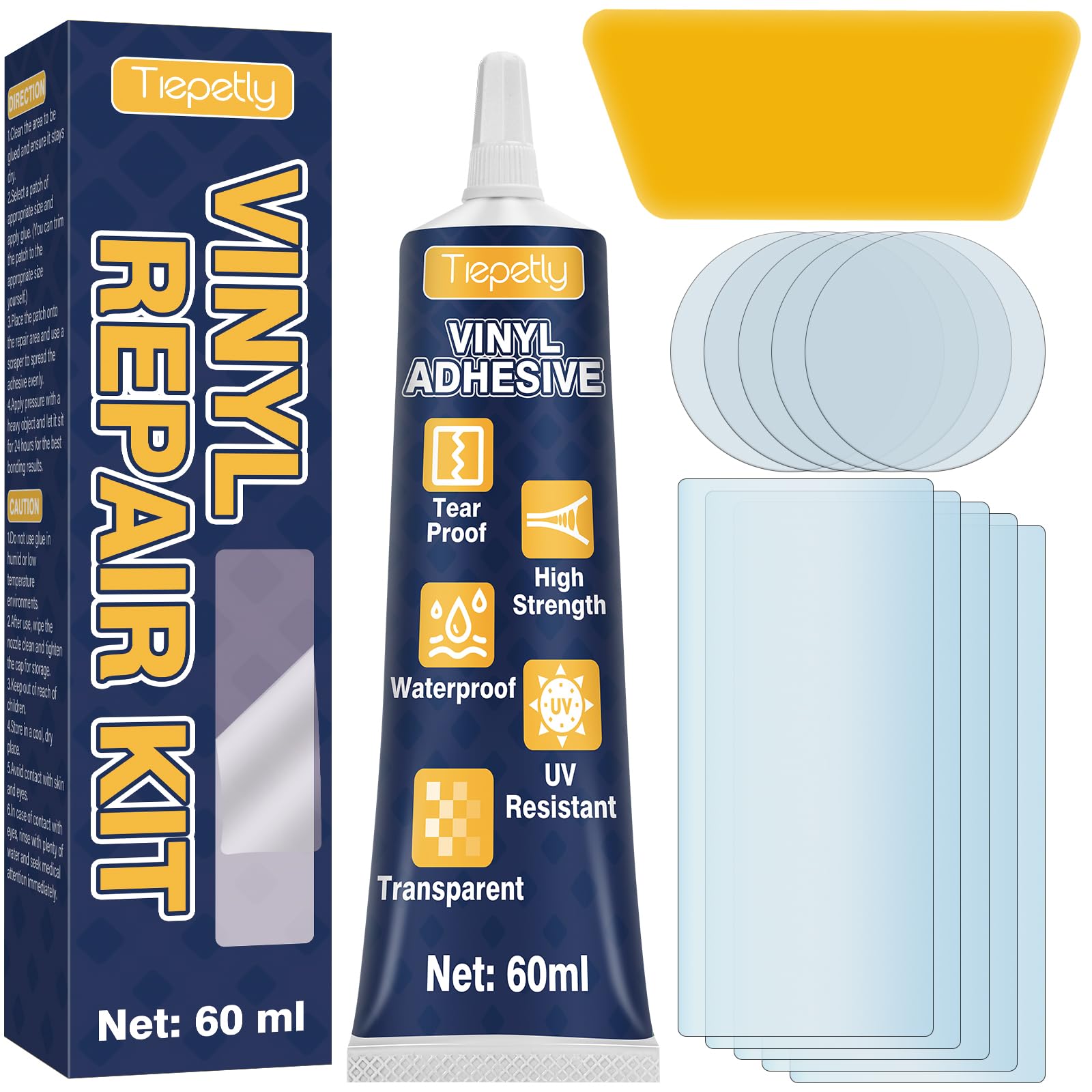 Tiepetly Hot Tub Repair Kit, Waterproof Pool Repair Kit for Puncture, Spa, Hot Tub, Inflatable, Air Bed, Air Mattress, PVC Boat, with Transparent & Tear-Resistant PVC glue and Repair Patches (60ML)