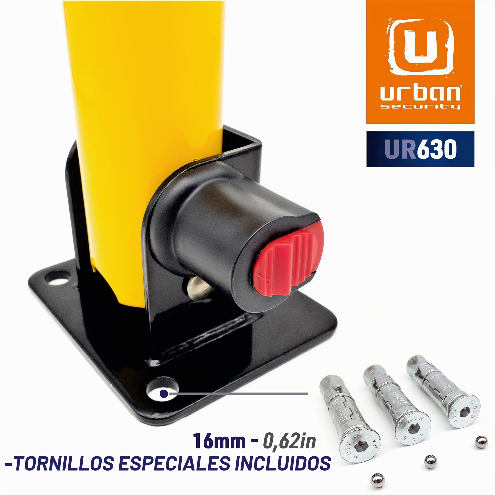 URBAN UR630 Cepo para Plaza de Garaje Abatible 62cm, Poste Barrera Parking Amarillo Alta Visibilidad, Cerradura Seguridad Mejorada, Bolardo Bloqueo Plaza Parking para Plaza Privada