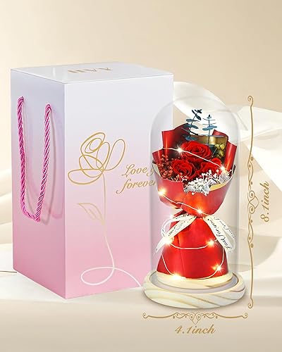 Miniatura 10 de HVY Flores preservadas, regalos de rosas para ella, ramo de rosas iluminadas en cúpula de cristal, regalos para el día de San Valentín, día de la