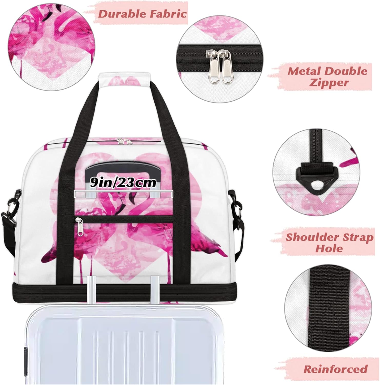 Couple Flamingo Foldable Travel Duffel Bag Tote Carry On Luggage Sports Gym Bag With Shoe Compartment For Woman Man Overnight Weekend Yoga Workout Training Handbag - Image 5