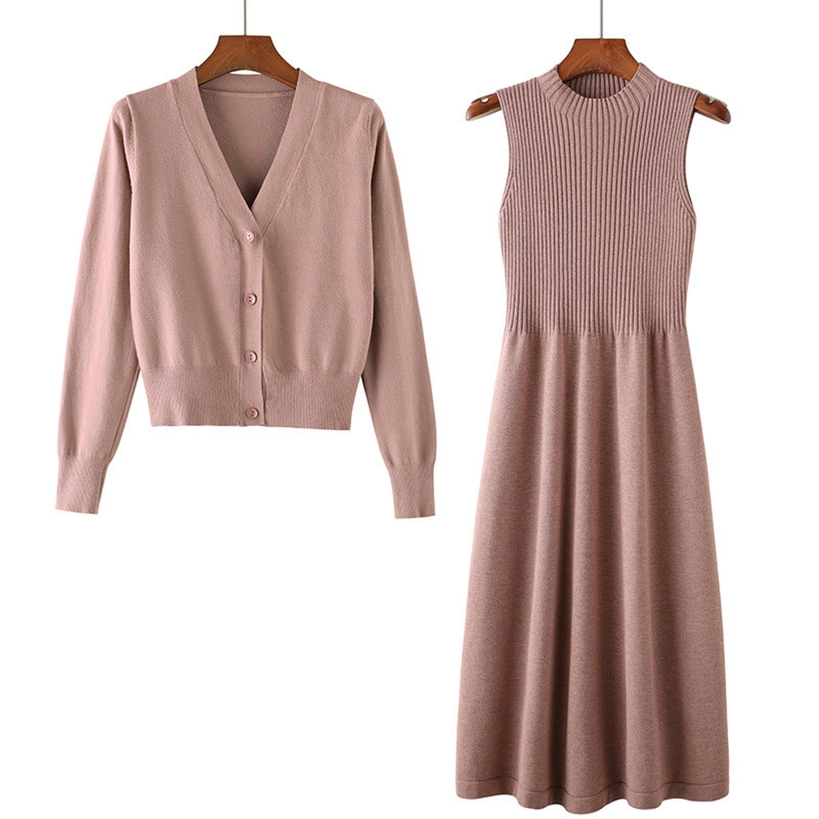 Vestito Abito Maglione A Maniche Lunghe All'inizio dell'Autunno Abito A Due Pezzi A Maglietta A Maglia da Donna A Maglia-Rosa-codice Medio