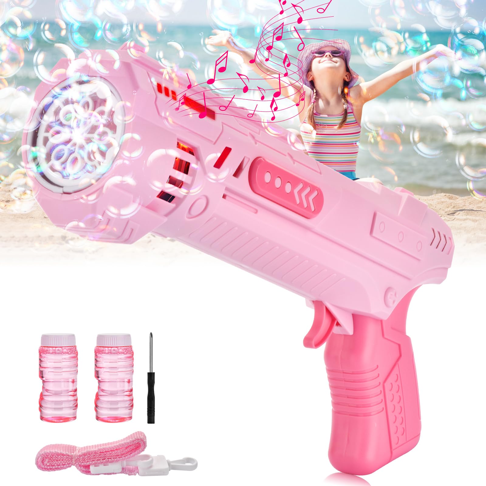 Bubble Machine, Bubble Gun, Bubble Blaster with 8-Hole Wands & LED Light&Music Sound Include Shoulder Strap, Bubble Solution for Kids, Outdoor Toys, Birthday Gifts (Type A, Pink)