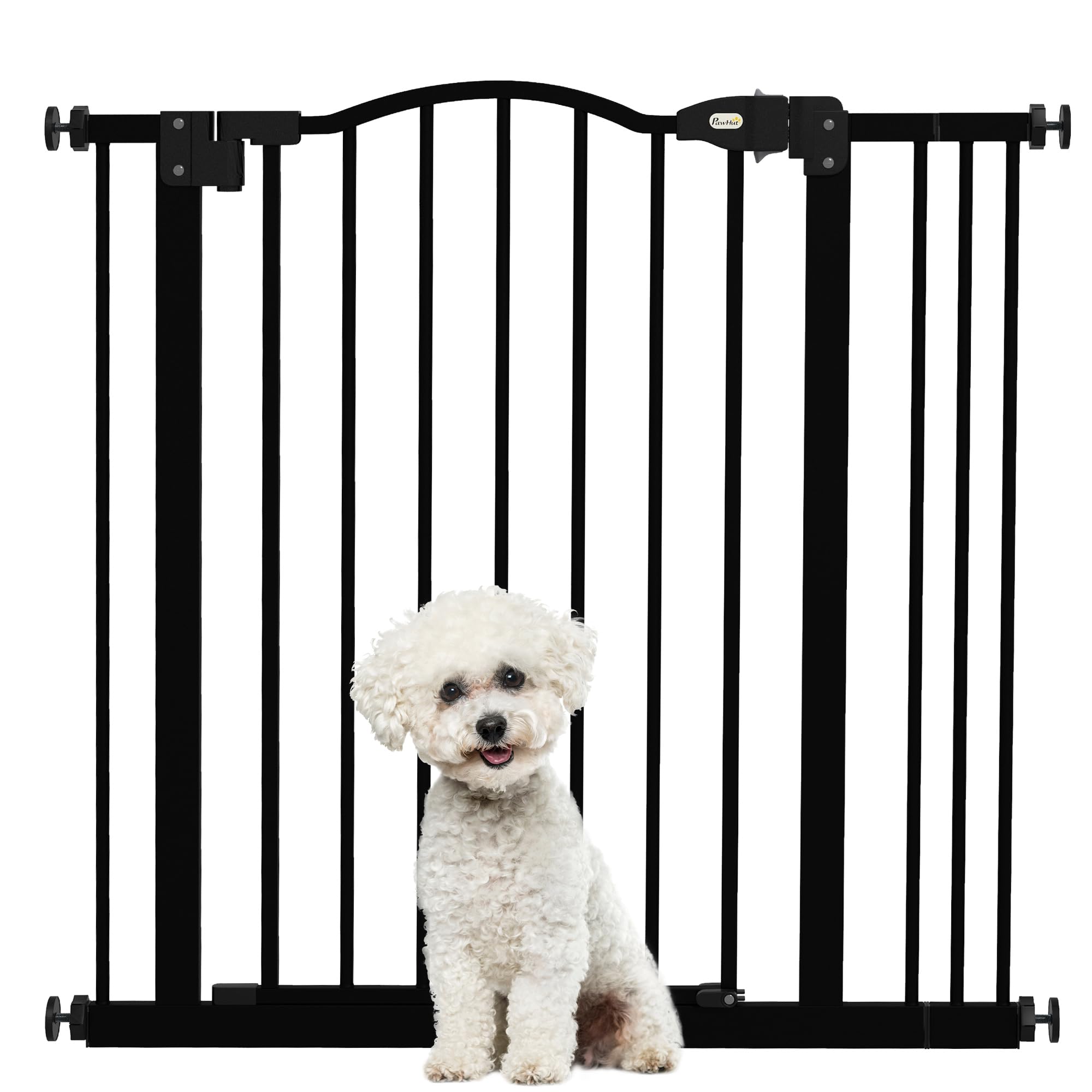 PawHut Barrera de Seguridad para Perros Extensible 74-87 cm, para Puertas y Escaleras, Barrera para Perros con Extensión 7 cm, Montaje a Presión y Doble Bloqueo, Negro