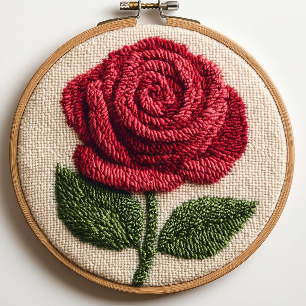 Punch Needle Kits A Red Rose with Green Leaf Easy for Beginners DIY Punch Needle Yarn Starter Embroidery Set for Craft Lovers with Printed Pattern and Hoop for Home Decor 20x20cm(1)