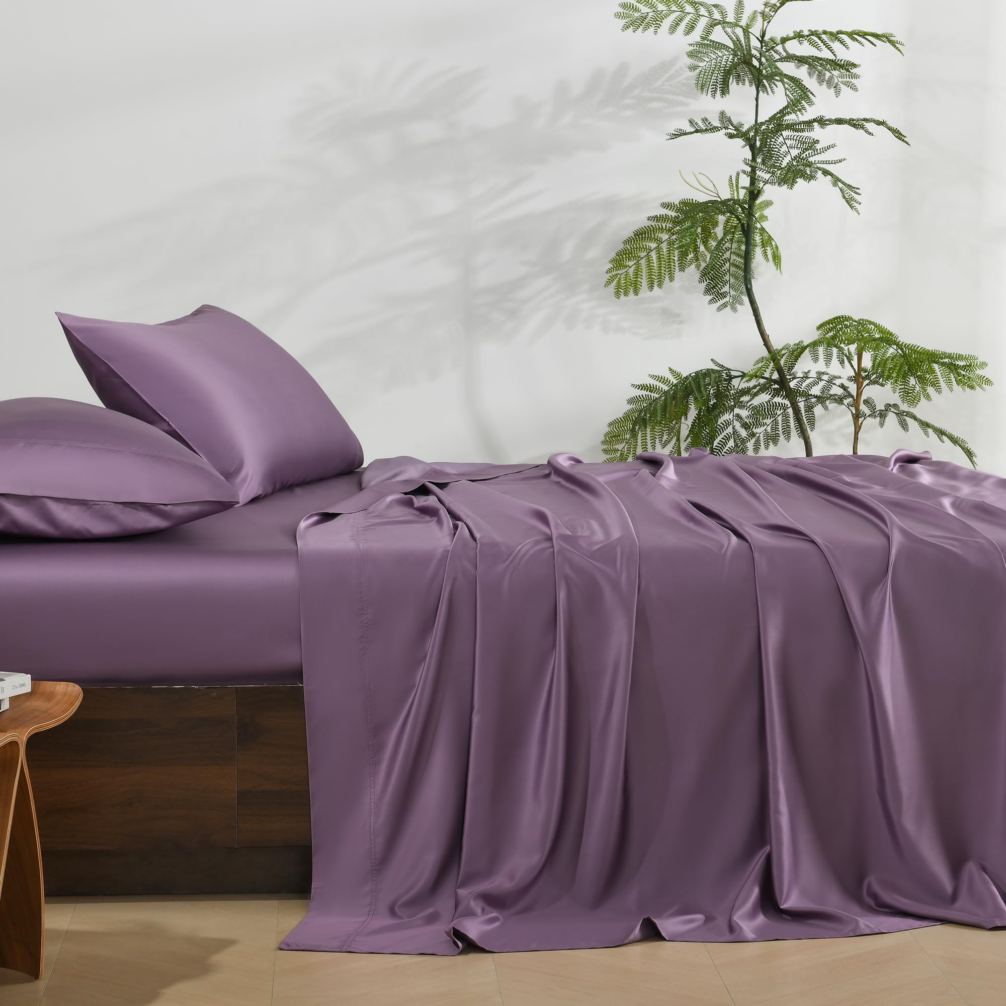 NATUREFIELD Silky Bed Sheets Set King Size (4pc), Rayon Derived from Bamboo Blend, Soft Cooling Sheets with Deep Pockets, Hotel Luxury Bedding Sheets