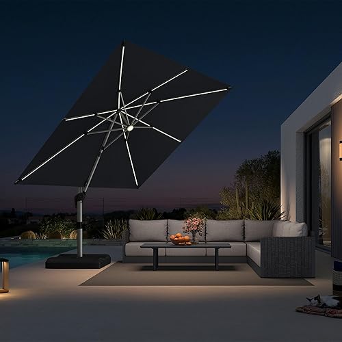 PURPLE LEAF 10 Feet Patio Umbrella with Lights Outdoor Square Cantilever Umbrella Solar Powered LED with 360-degree Rotation for Garden Deck Pool Patio, Grey