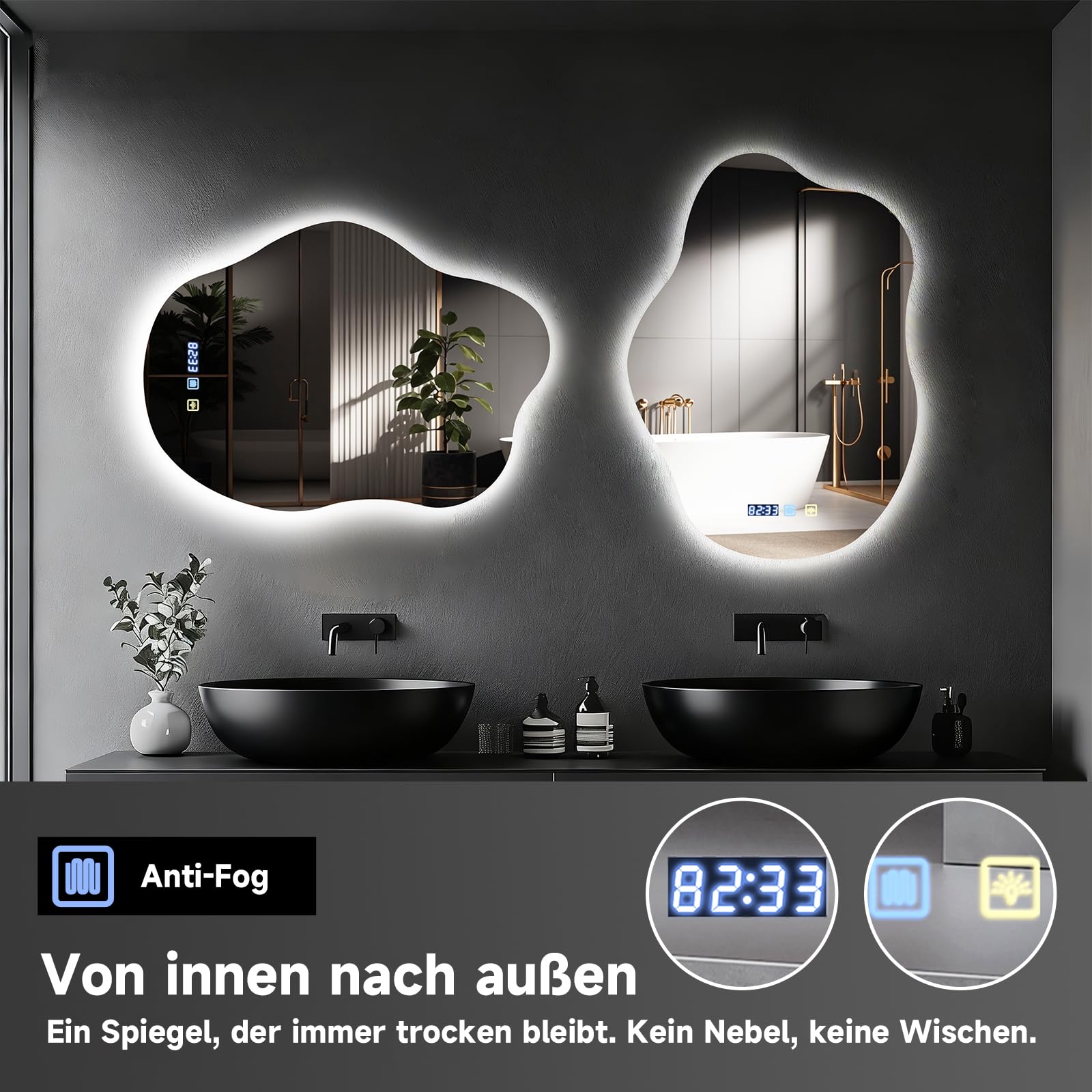 Wandspiegel mit Beleuchtung, 70x50cm LED Badezimmerspiegel, Cloud-Design mit 3-Farben Licht & Zeitdisplay, Anti-Beschlag, Dimmbares Smart Lighting für Wandmontage im Bad