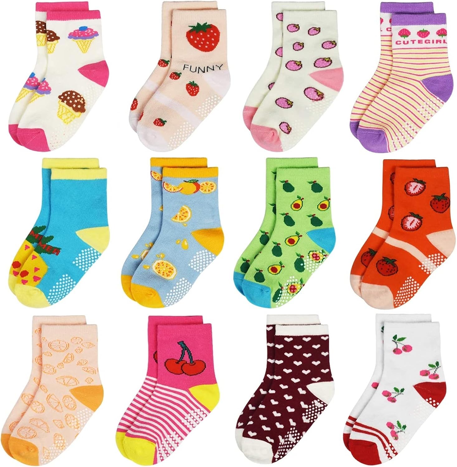 12 Pairs Kids Socks with Grips Non Slip Baby Toddler Socks for Girls