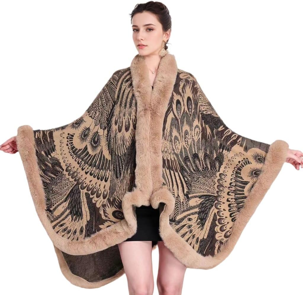Peacock Pattern Faux Fur Shawl for Women Fur Trim Cardigan Cloak Coat Fur Collar Poncho Cape Wraps for Evening Dresses
