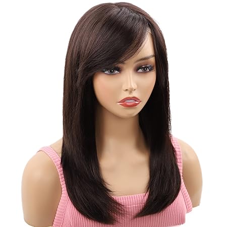 NATAGHAIR Long Brown Wig with Bangs Human Hair - Straight Wig 100% Virgin Remy Hair Curly Wigs for White Black Women Natural Looking Hair Replacement Wigs