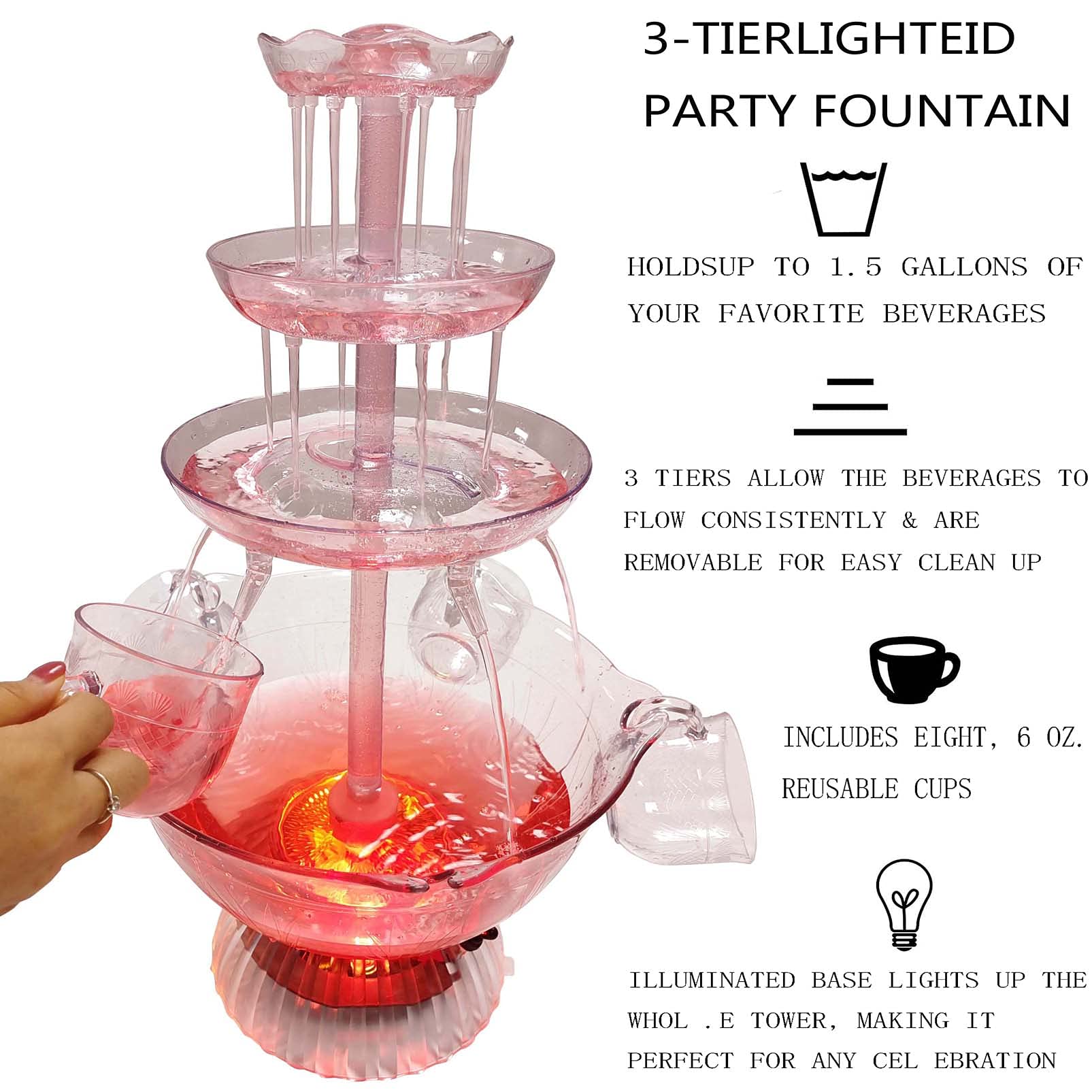 Fontaine de fête à 3 niveaux avec base éclairée par LED pour boissons à vin, idéale pour les fêtes et anniversaires de mariage