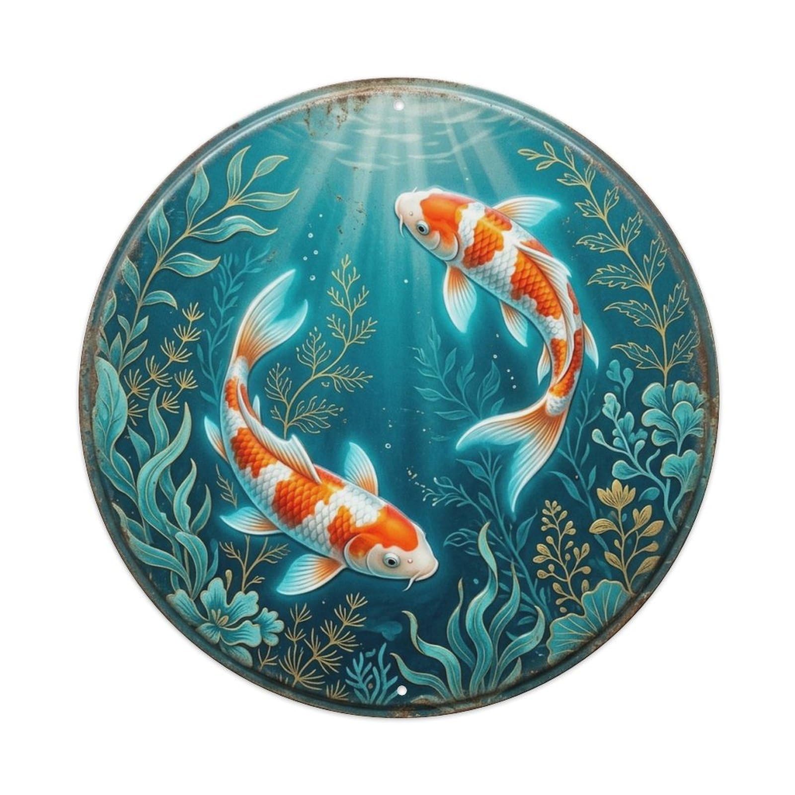 Oriental Koi Fish Aqua Marine Depths Japanese Garden Metal Tin Sign Plaque Wall Decor for Cafe, Man Cave, Club Bar, Office, Home Garden Round Metal Poster 8x8Inch
