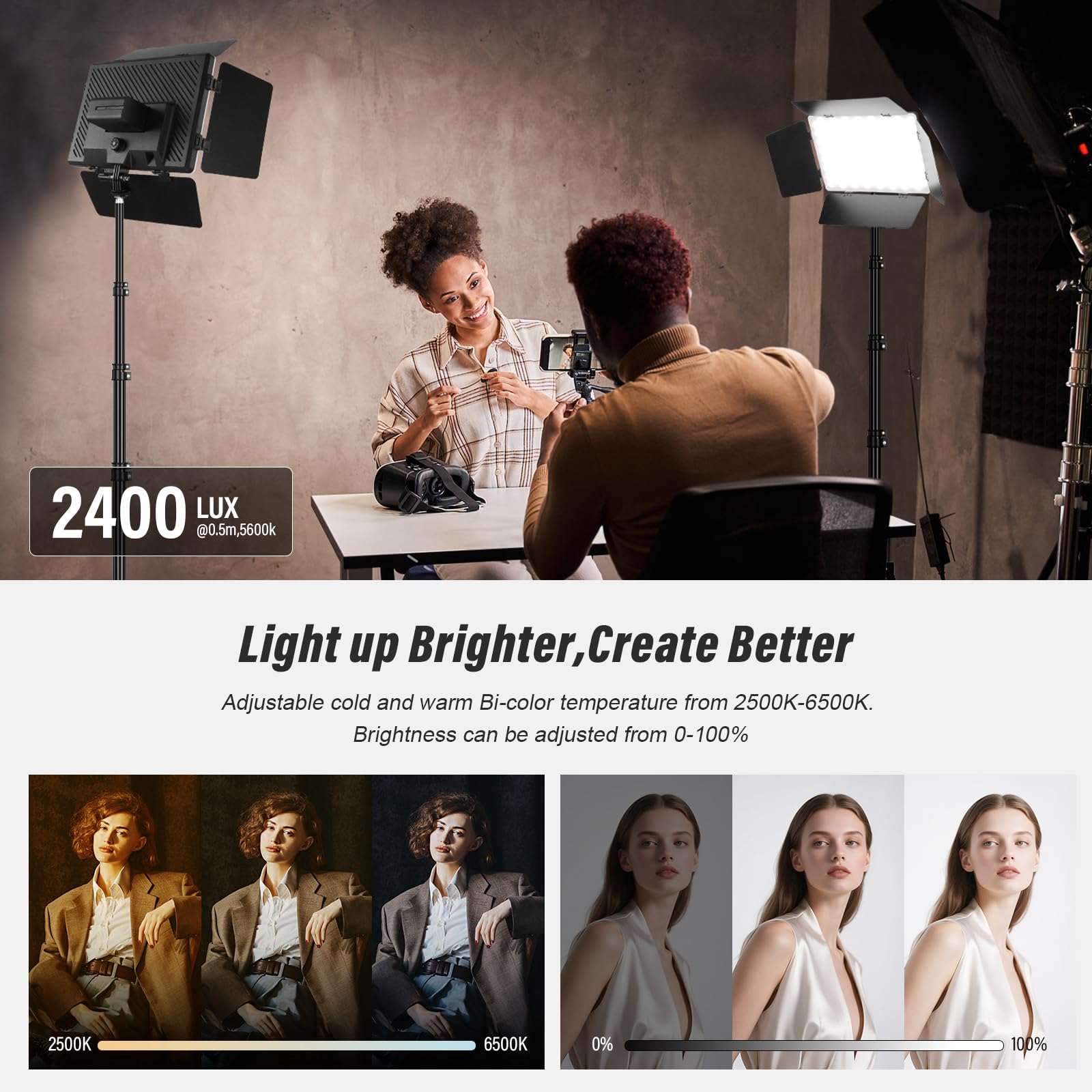 Soonpho 2-Pack Bi LED Video Licht Panel Set mit Scheunentor 2500-6500K Dimmbar 20W Light Fotografie Studio Beleuchtung mit Stativ Stand und Handy Halterung für Video YouTube Live Streaming