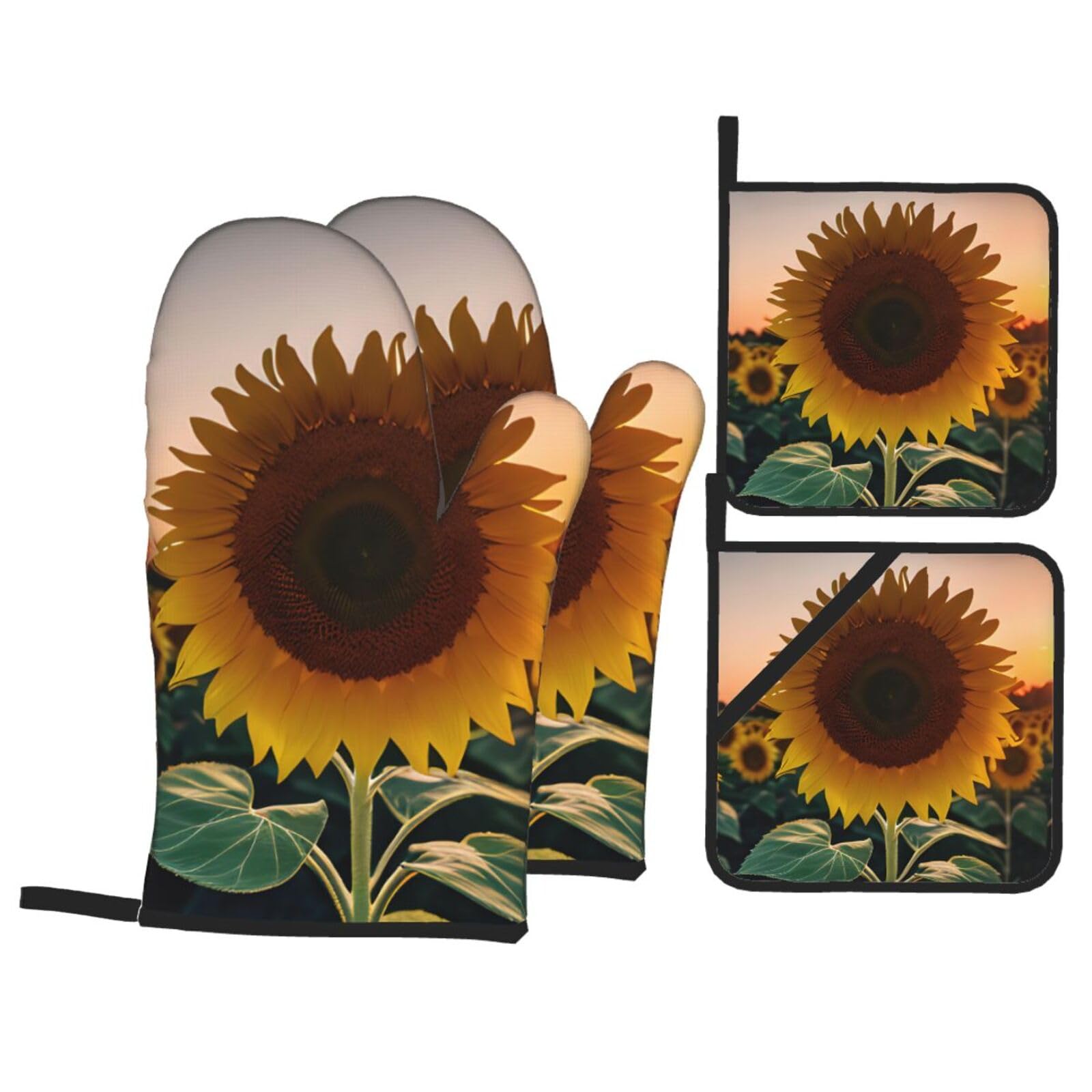 Sunflower and sunset Print 4-Piece Oven Microwaving Set Kitchen Gloves for Holiday Cooking Baking Grilling
