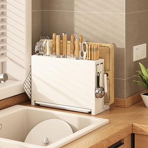 Miniatura 5 de Agujero de secado de cuchillos para encimera de cocina, estante de almacenamiento de cuchillos de metal, almacenamiento integrado de tabla de