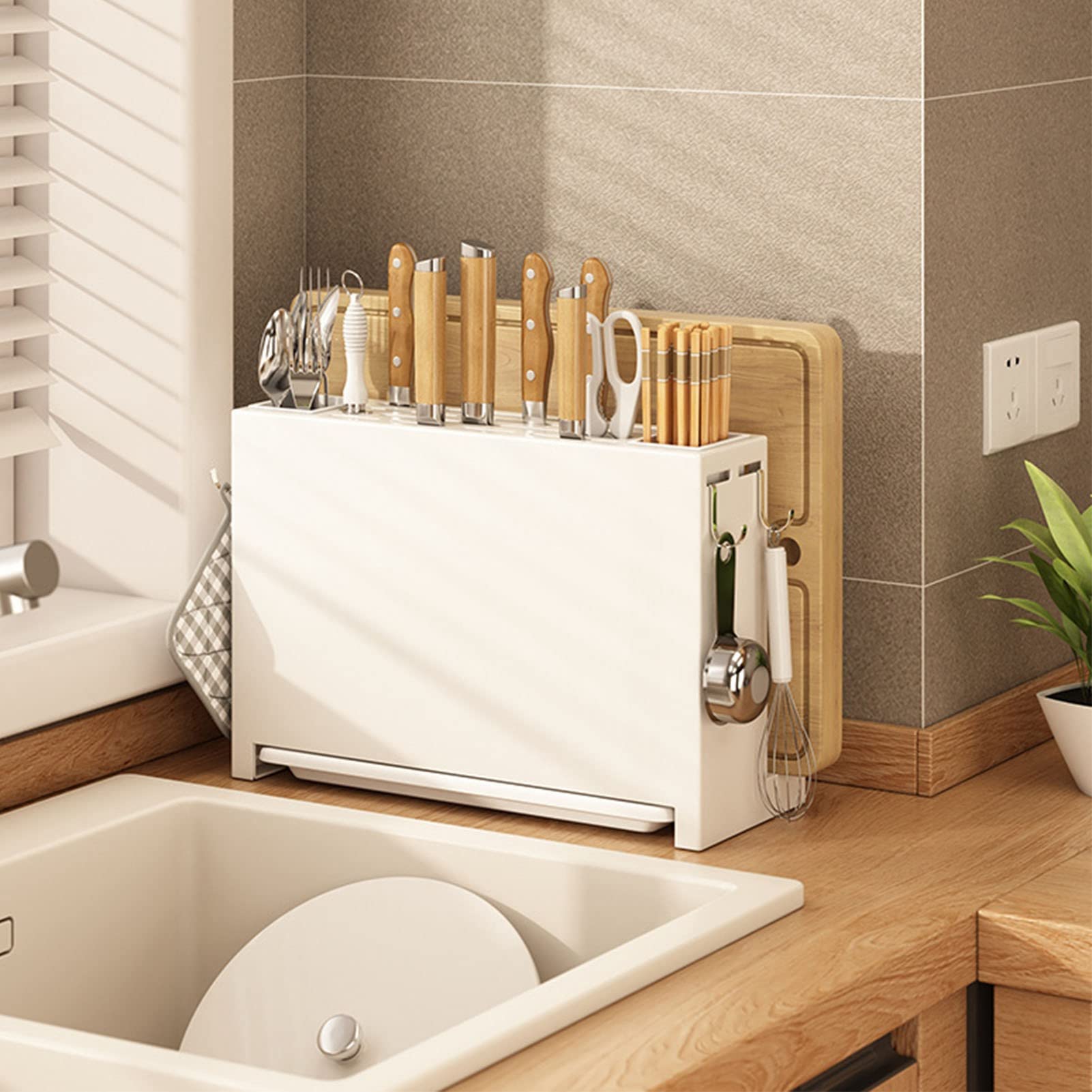 Sunicon Knife Drying Holer for Kitchen Counter, Large Capacity Kitchen Chopsticks Knife Stand Cutting Board Integrated Magnet Draining Holder Multi Use Kitchen Utensil Organizer