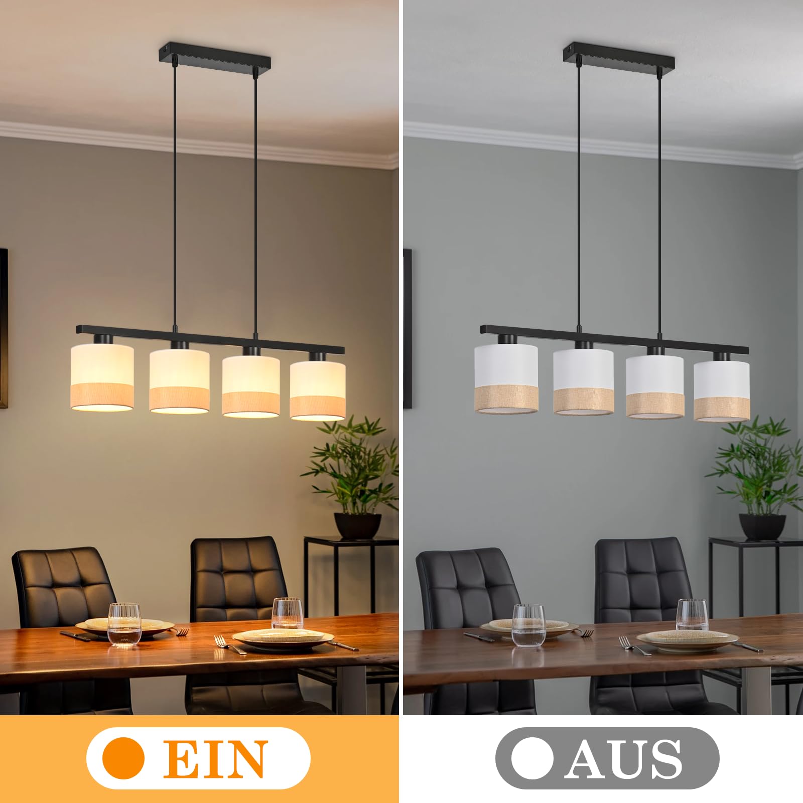CBJKTX Hängelampe Esstisch 4‑flammig Stoff E27 höhenverstellbar für | Esszimmer, Schlafzimmer und Wohnzimmer (ohne Leuchtmittel)