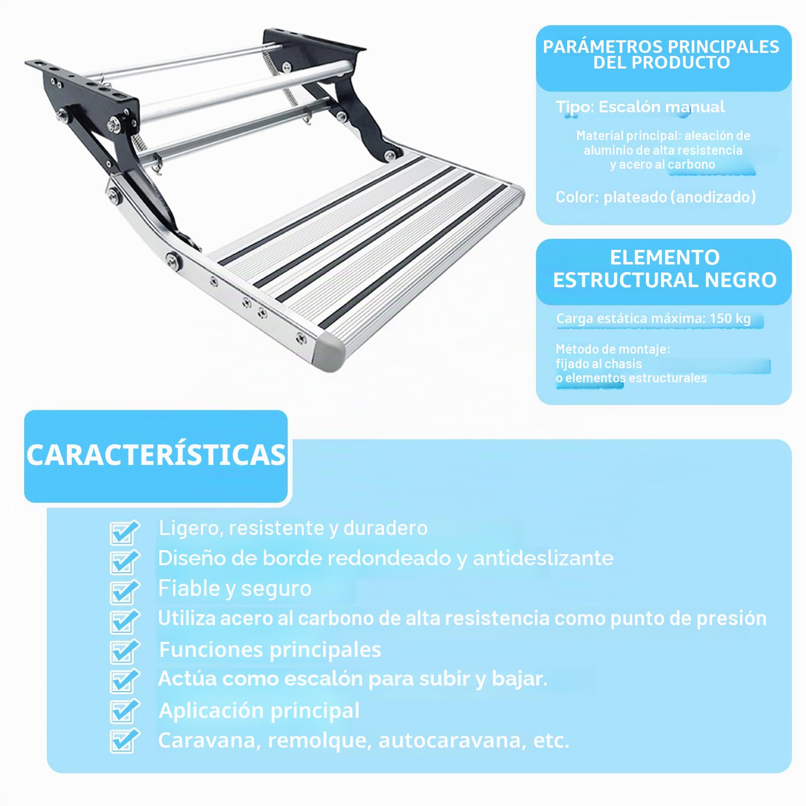 Escalera Manual para Autocaravanas, Escalera Plegable de 2 Niveles, Antideslizante, Aleación de Aluminio & Acero al Carbono, Alta Capacidad de Carga, Peldaño Manual Autocaravanas, Caravanas Furgonetas