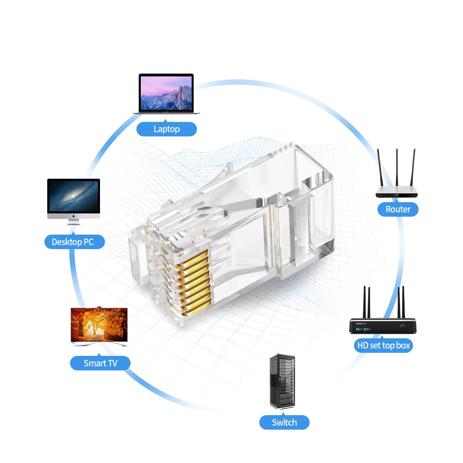 Paquete de 50 conectores RJ45 CAT7 chapados en oro chapado en oro 8P8C, conector modular de enchufe de red (cable de diámetro exterior de 0.057 in) 5