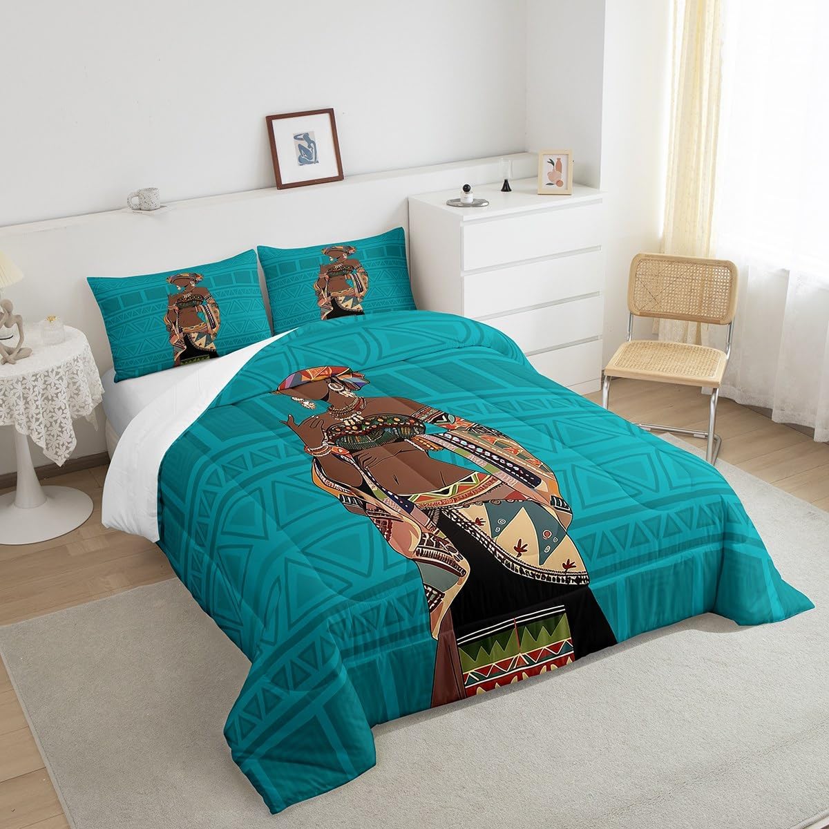 Egyptian Comforter Set African Woman Bedding Sets Tribal Egypt Style Down Comforter for Boys Girls Adults Black Women Exotic Retro Duvet Sets 3 Pieces Bedroom Decor Queen Size Turquoise Aqua