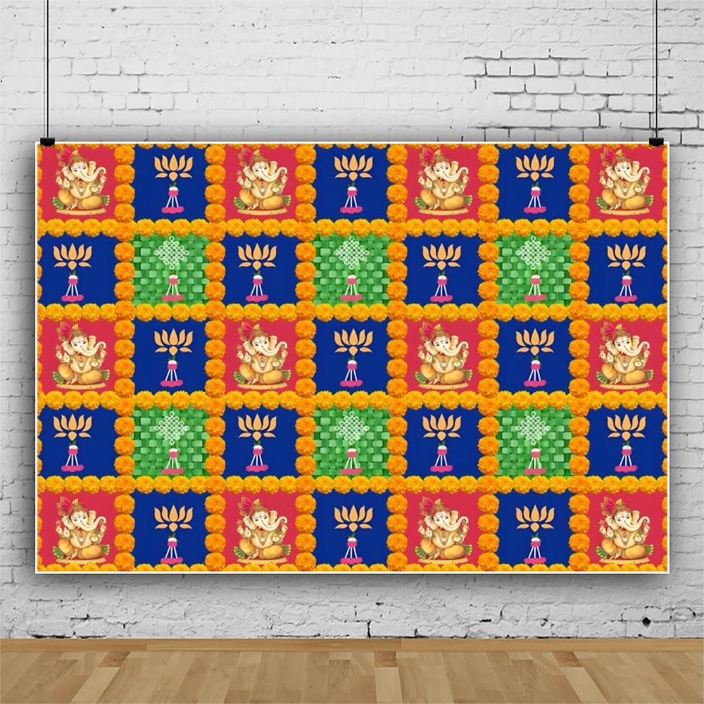 Happy Diwali Backdrop Indian Traditional Mehndi Ganpati Puja Backdrop for Pooja Decor Festival Marigold Garland Lotus Floral Tulle Wedding Bridal Shower Wedding Party Decor Photo Prop Vinyl 12x8ft