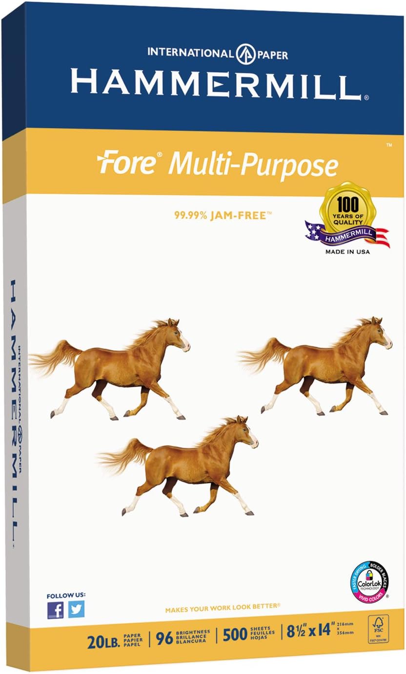 Hammermill 103291 Fore MP Multipurpose Paper, 96 Brightness, 20 lb, 8-1/2 x 14, White, 500/Ream