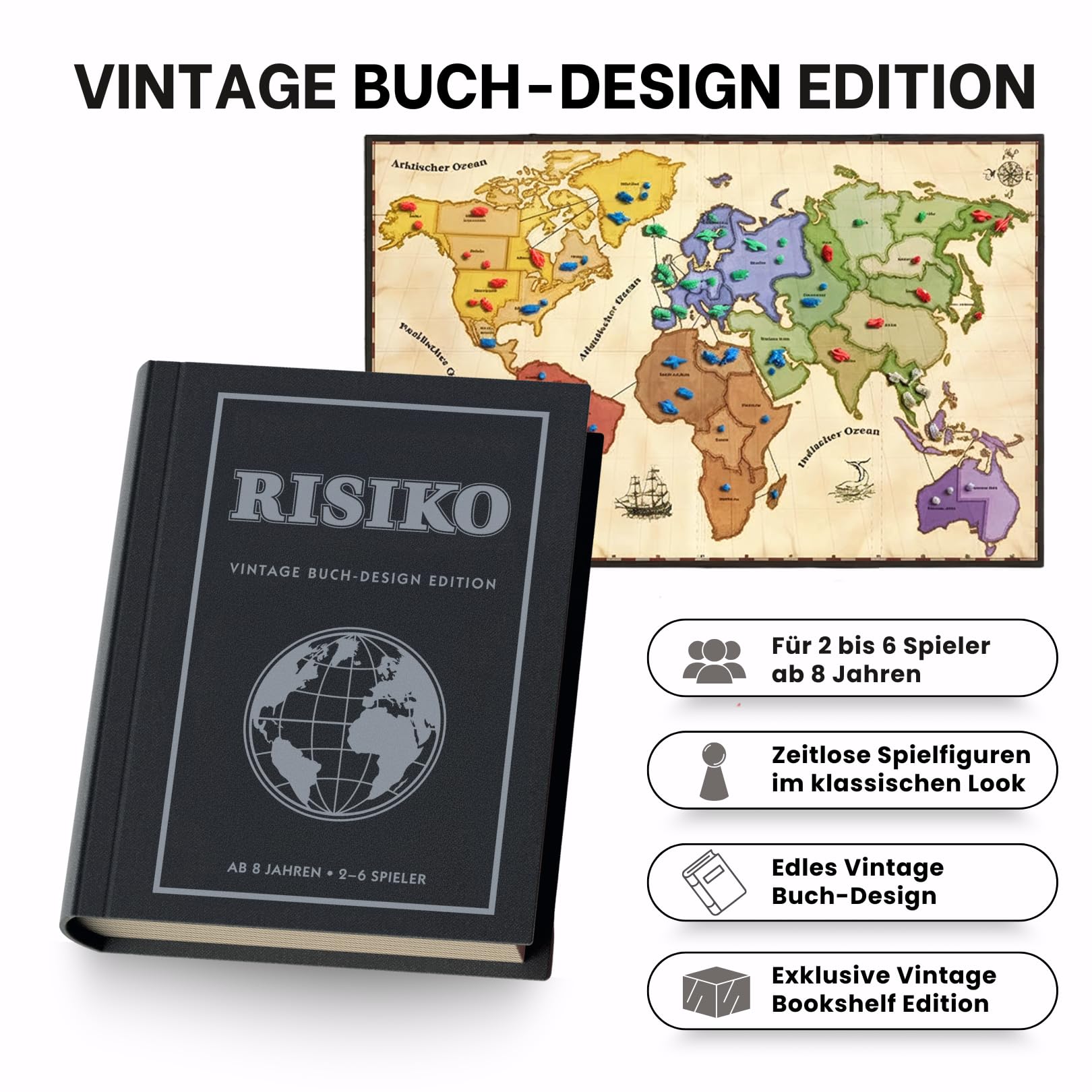 Risiko Vintage Buch Design Edition Brettspiel Bookshelf Spiel mit Weltkarte Secret Mission Karten 6 Armeen in Boxen Strategiespiel Fuer 2-6 Spieler ab 8 Jahren