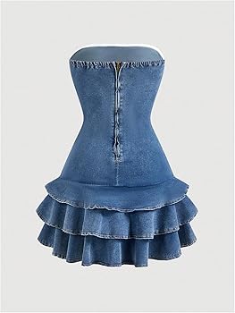 MakeMeChic Women's Layered Ruffle Denim Mini Dress Strapless Bandeau Bow Jean  Dresses Blue X-Small at Amazon Women's Clothing store