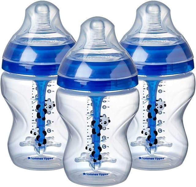 Tommee Tippee Advanced Anti-Colic Baby Bottle, Breast-Like Teat and Heat Sensing Technology, 260ml, Pack of 3, Blue