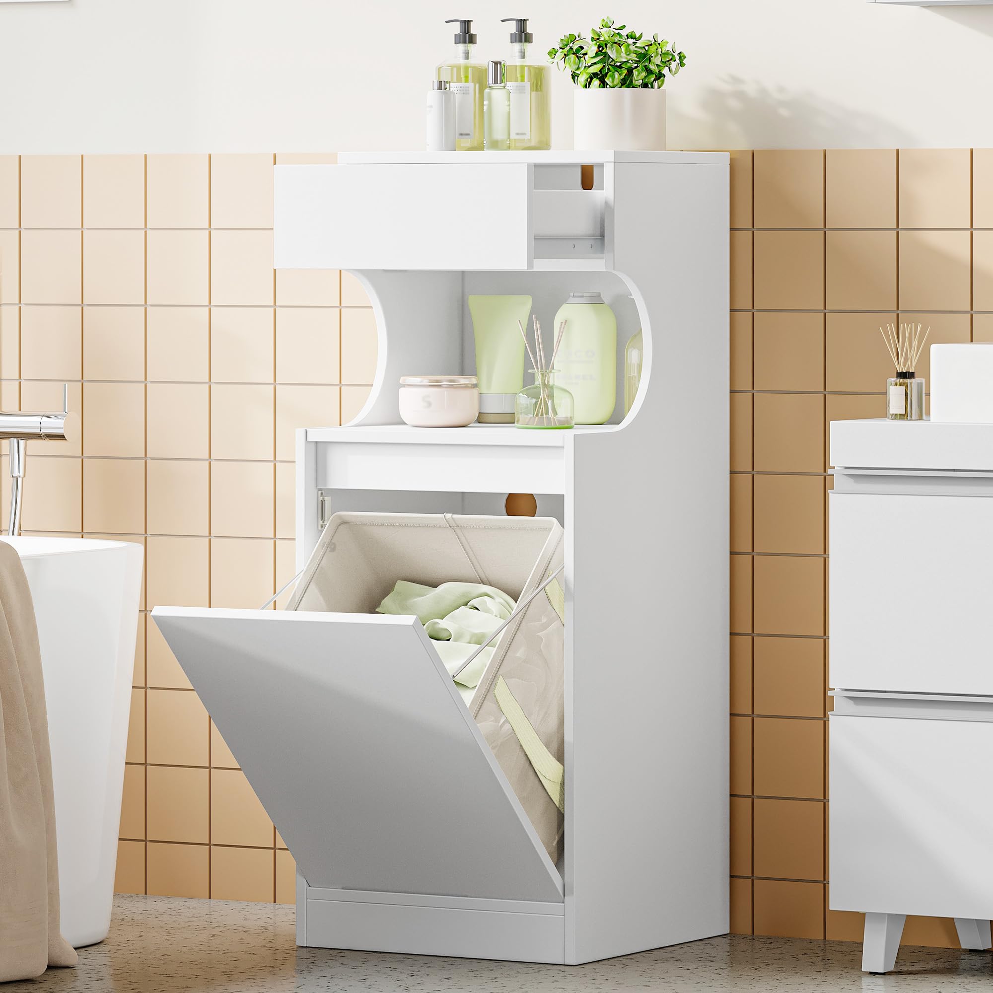 Hzuaneri Mobile Bagno, Mobiletto Bagno Salvaspazio, Con cesto portabiancheria pieghevole, per Bagnos, Soggiorno, lavanderia, 40 x 40 x 100 cm, Bianco BC42003X
