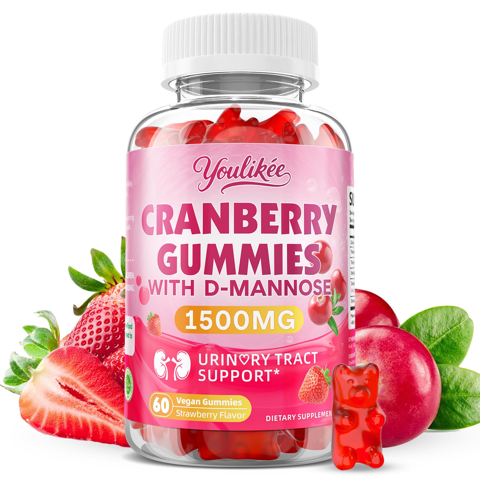 Vegan Cranberry Gummies 1500mg with D Mannose, Strawberry Flavor, 60 Count 60 Count (Pack of 1)