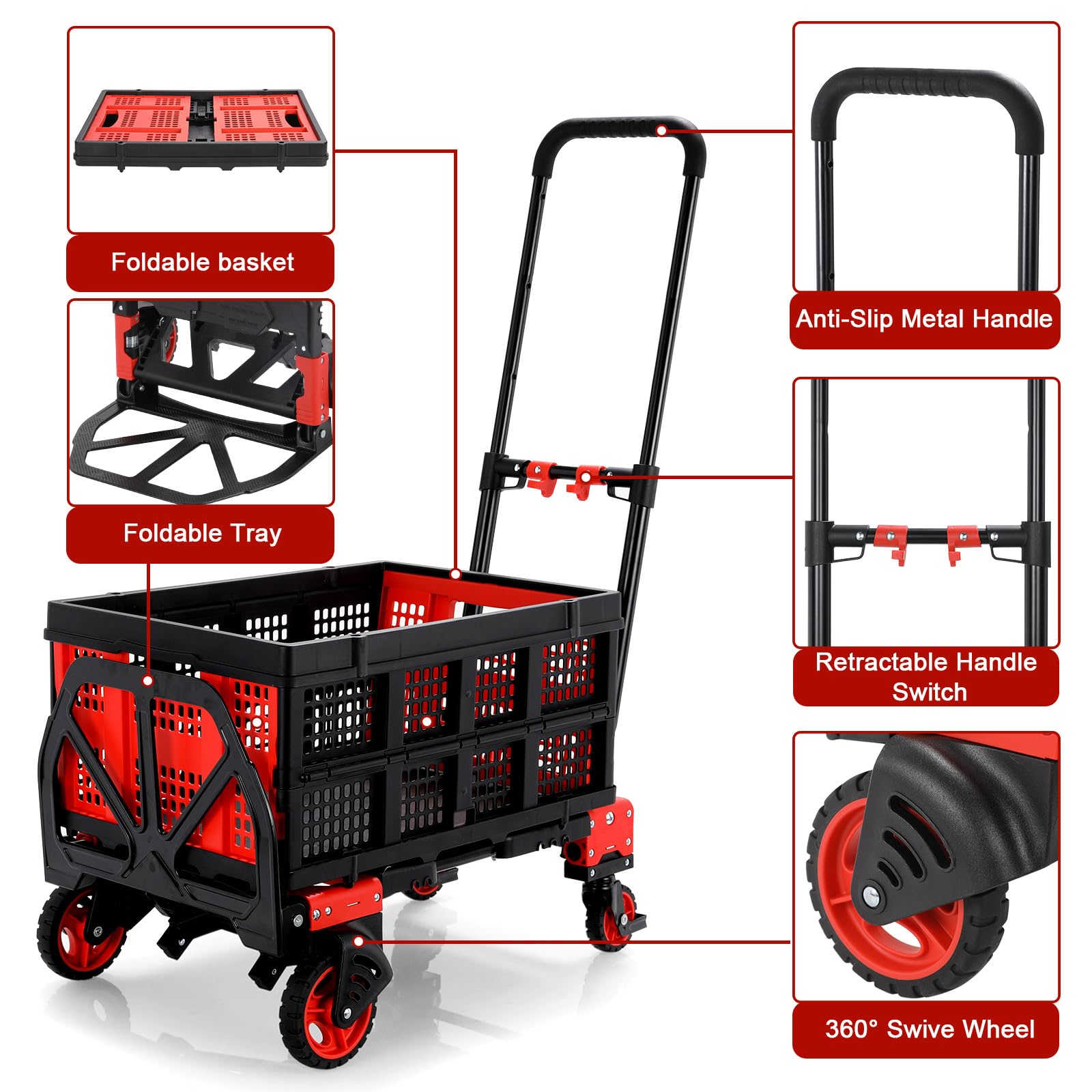 Diable et Chariot Plateforme 2-en-1 avec Boîte Pliante, 2 Tendeurs avec Crochets, Chariot de Transport Max 150 kg, Diable Max. 75 kg, Poignée Réglable sur 3 Niveaux, pour Transport, Shopping (Rouge)