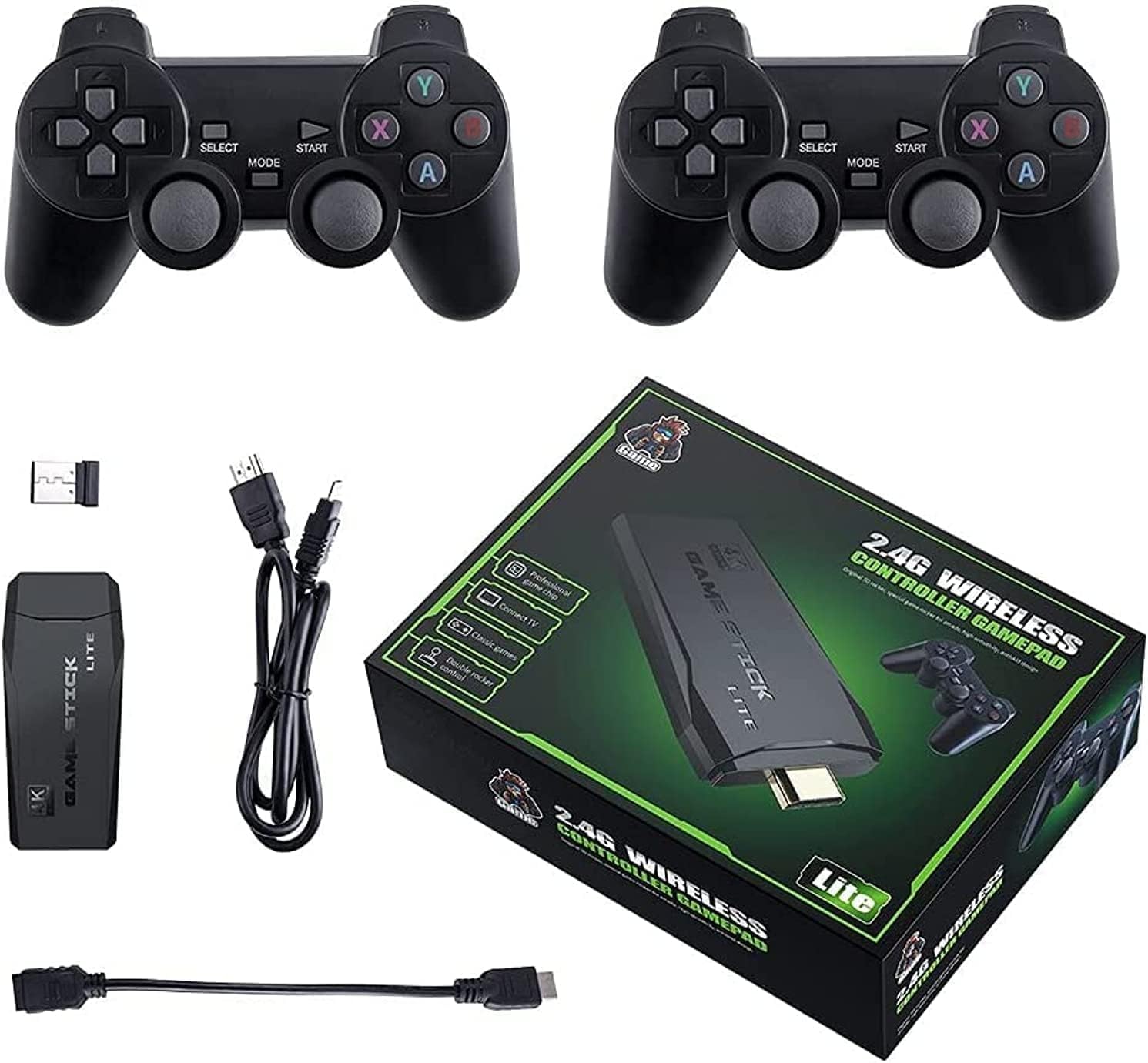 E-store Classic M8 Game Stick 4K Console with 2 Wireless Controllers, 3500 Built-in Games, Dual Players, HDMI Output, Android TV/PC/Laptop/Projector Compatible - Retro Gaming Experience
