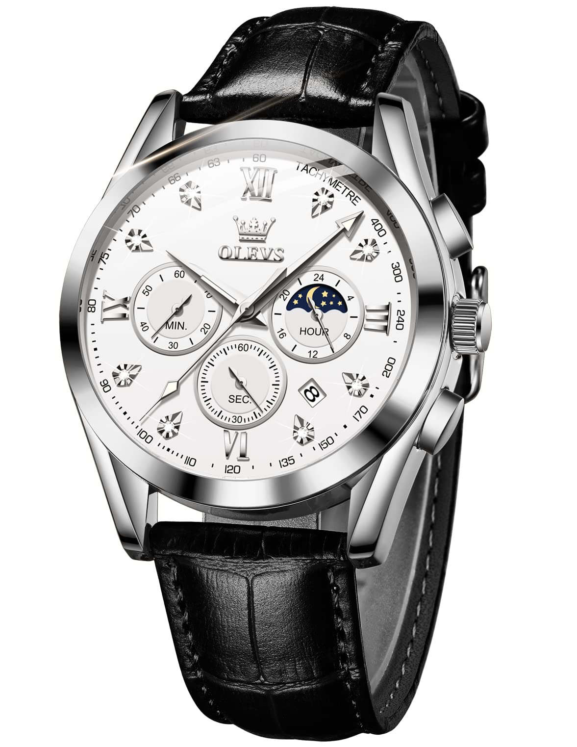 OLEVSOLEVS Mens Automatic Watches Self Winding Mechanical Dress Wrist Watch Multifunction Calendar Hidden Button Sun Moon Display Waterproof Luminous