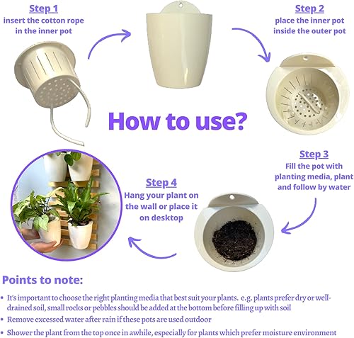 Miniatura 8 de ShopLaLa Paquete de macetas de riego automático de 4 pulgadas + 2 soportes para macetas de madera, jardín de pared vertical interior, sistema