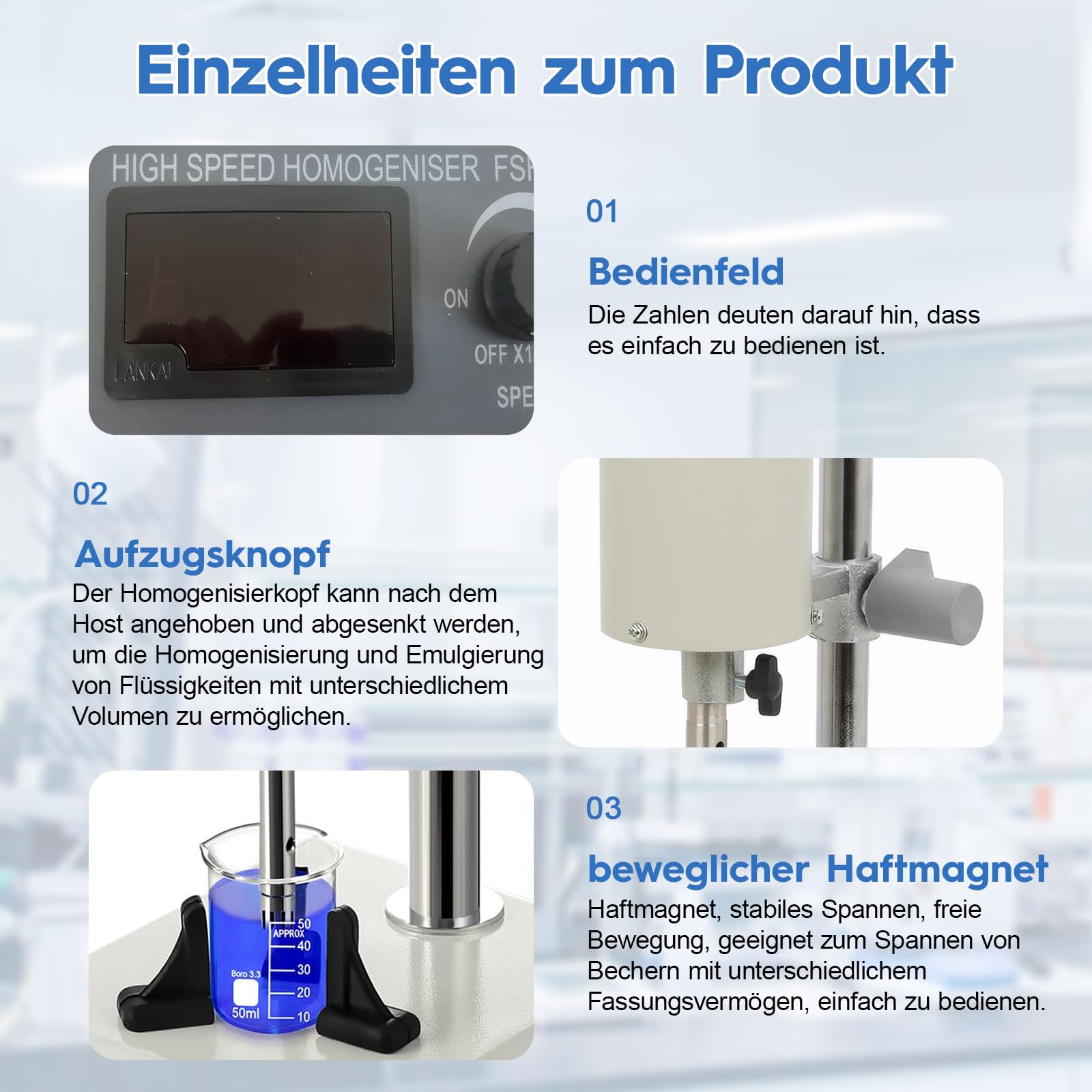 Homogeneizador ajustable de alta velocidad, emulsionante dispersante de laboratorio, 8000 a 22000 rpm con pantalla digital, altura regulable de 5 a 500 ml para medios, dispersión celular, cosméticos