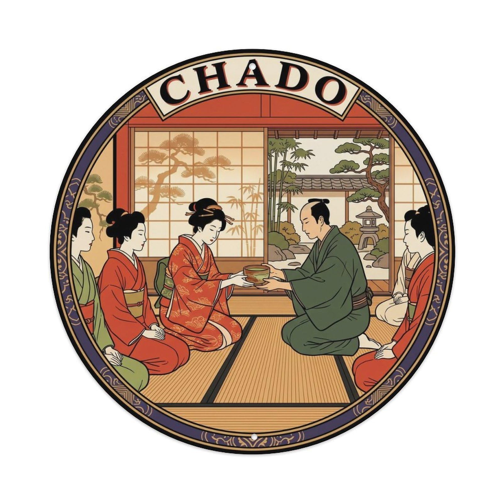 Olyhtr 8X8inch Classic Style Chado Tea Guests Receiving Bowl Woodblock Vermillion Metal Tin Sign