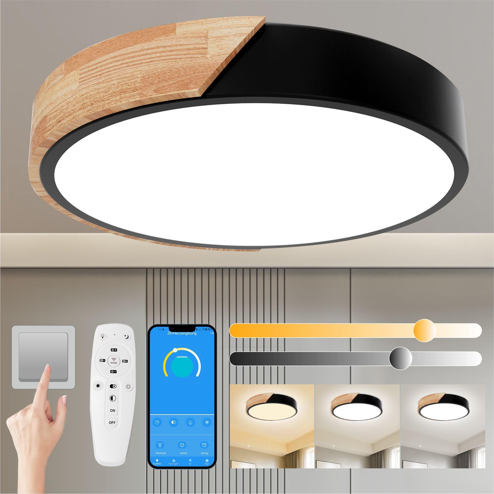Yexati Ceiling Light Wood,Dimmable Ceiling 3000K-6000K,Remote Controlled Led Ceiling Light,24W Modern Light Fixture for Living Room Bedroom and Hallway