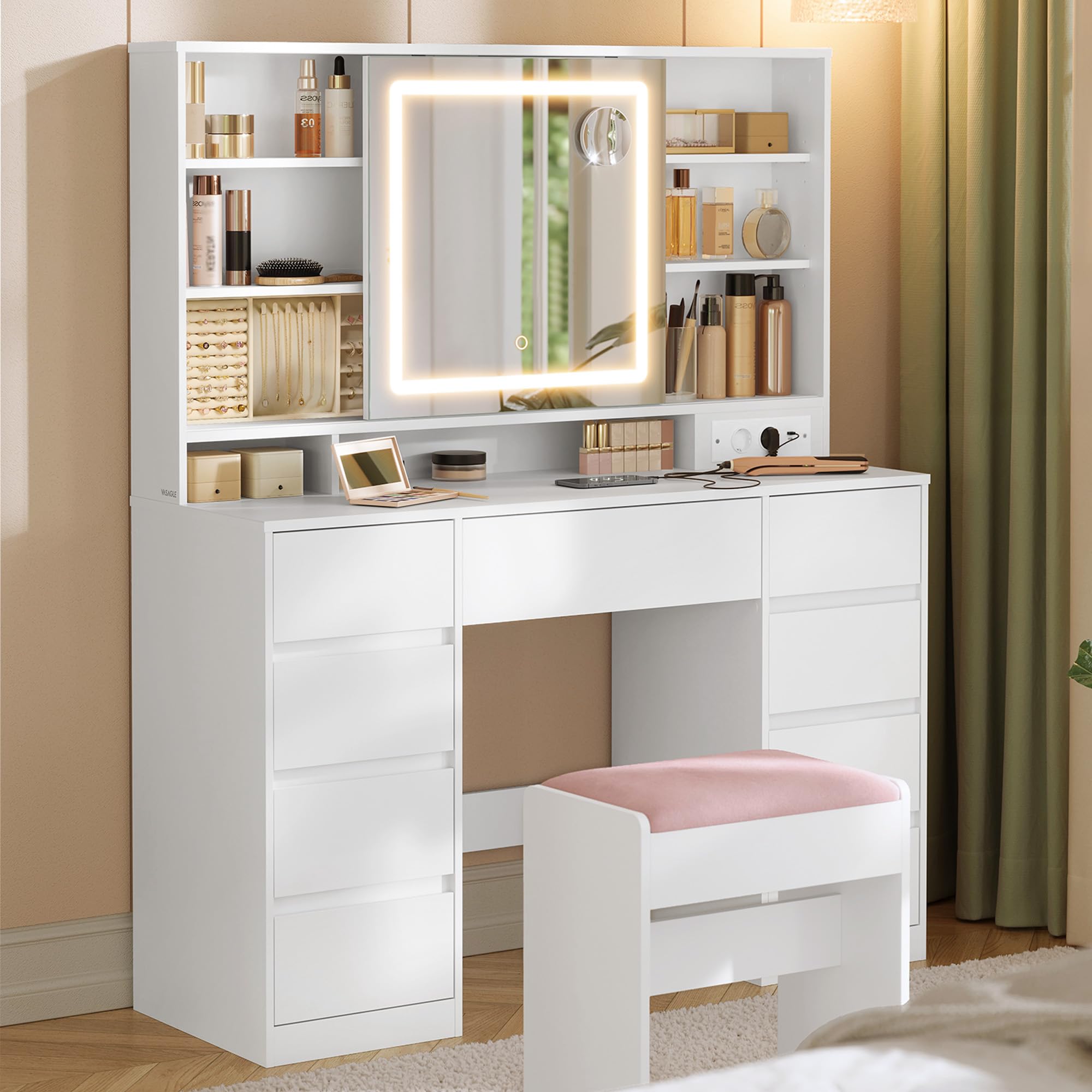 VASAGLE Kailyn Collection - Coiffeuse avec Miroir LED et Tabouret, Multiprise, 9 Tiroirs, Loupe 10x, Rangement Bijoux, Éclairage 3 Couleurs, Installation des Rails sans Outils, Blanc Nuage RDT737W01