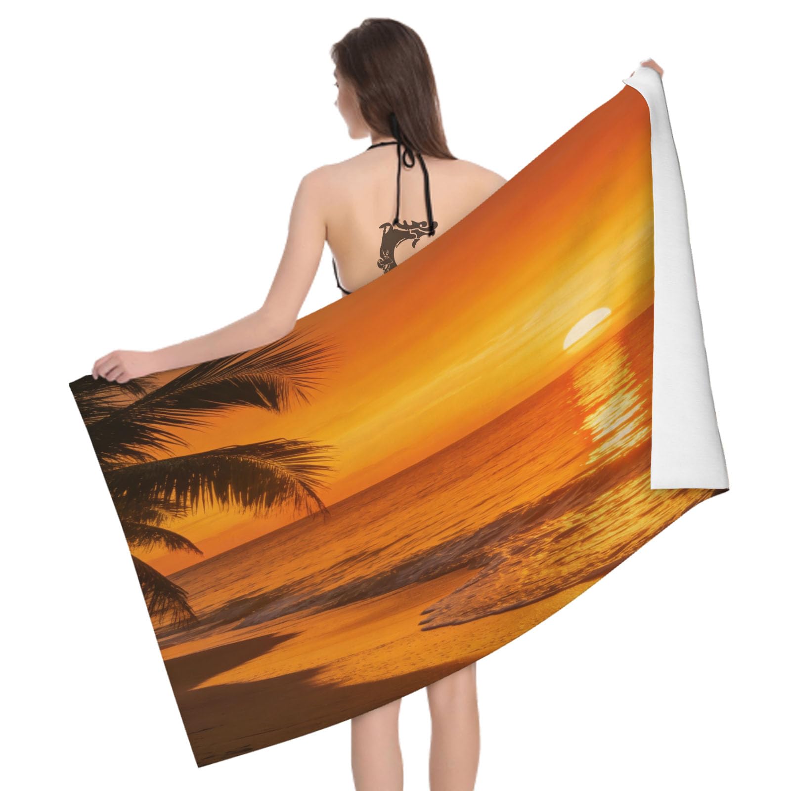 Leichong 3D Seaside Sunset Beach Towel Microfiber Soft Quick Dry for Adults, Ocean Landscape Bath Towel Lightweight Soft Absorbent for Travel Swimming Pool Sports, 75 x 150 cm