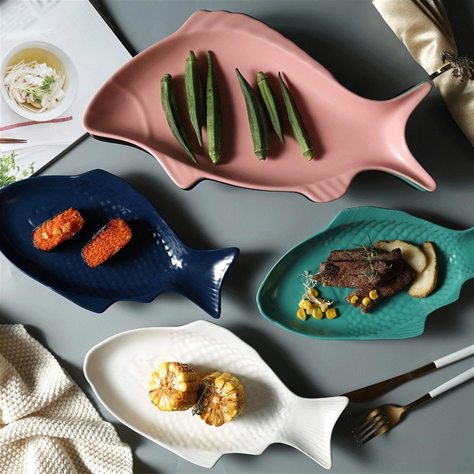Talerz Nieregularny talerz ceramiczny w kształcie ryby Prostokątny rybny gotowany na parze Ceramiczny obiadowy Rodzinny do jadalni dla restauracji hotelowej(Green)