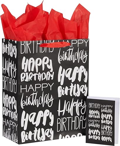 SUNCOLOR Bolsa de regalo de cumpleaños grande negra de 13 pulgadas con papel de seda rojo (feliz cumpleaños) disponible en Yaxa Peru