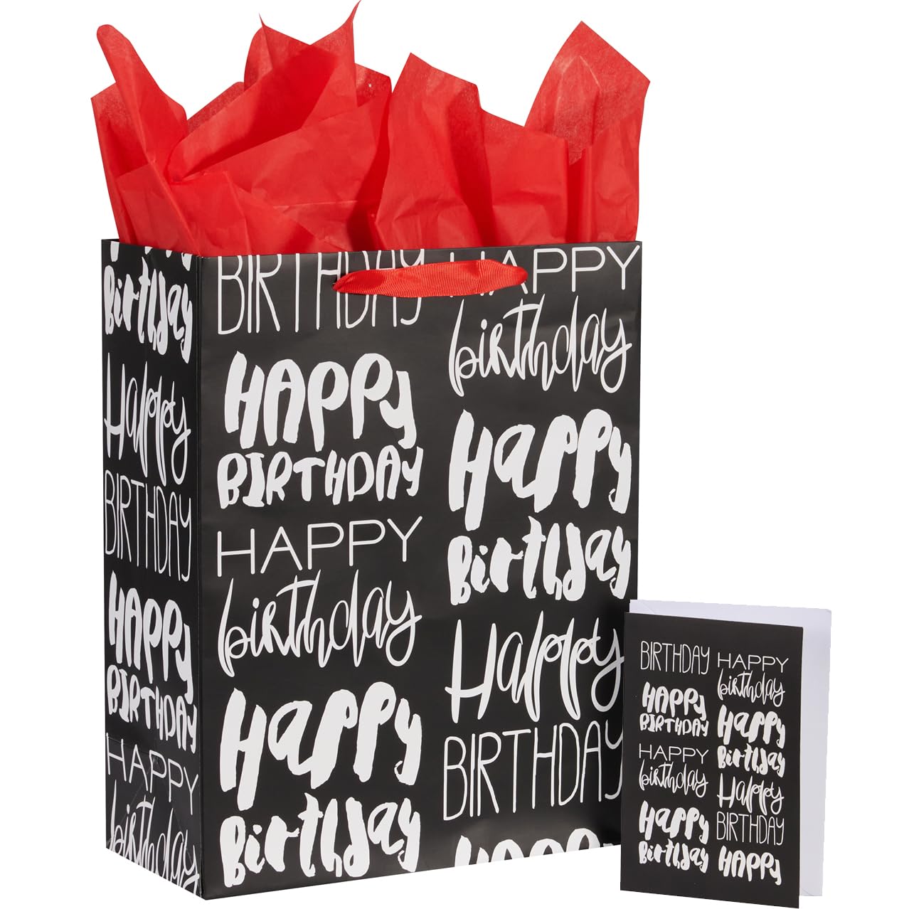 SUNCOLOR 13" Black Large Birthday Gift Bag with Red Tissue Paper(White Happy Birthday)
