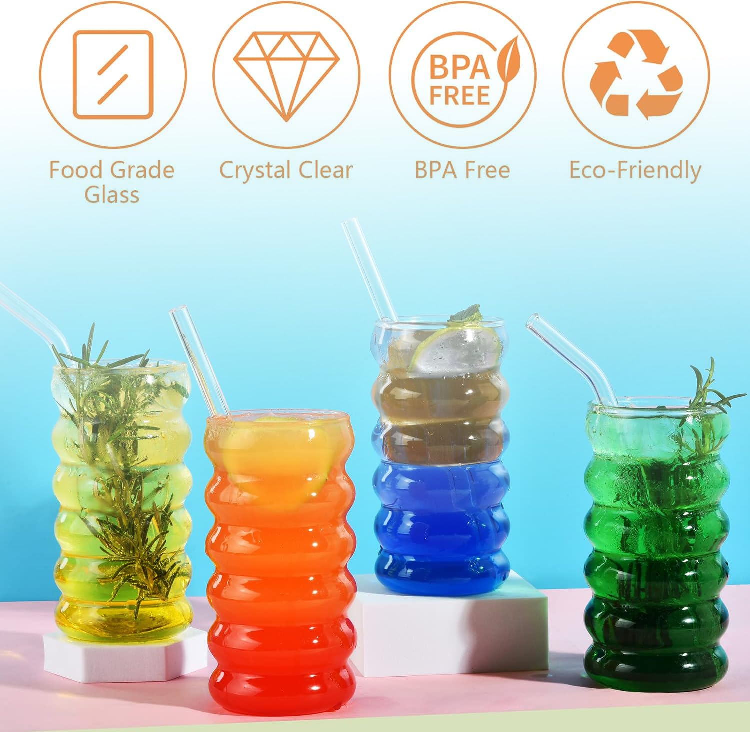 6 Stück Bubble Gläser 450ml Gerippte Trinkgläser, Kaffee Gläser mit Glasstrohhalme, Eiskaffeegläser mit Pinsel, Bubble Glas, Kaffeegläser, Bubblegläser Geriffelt für Wasser Trink Saft
