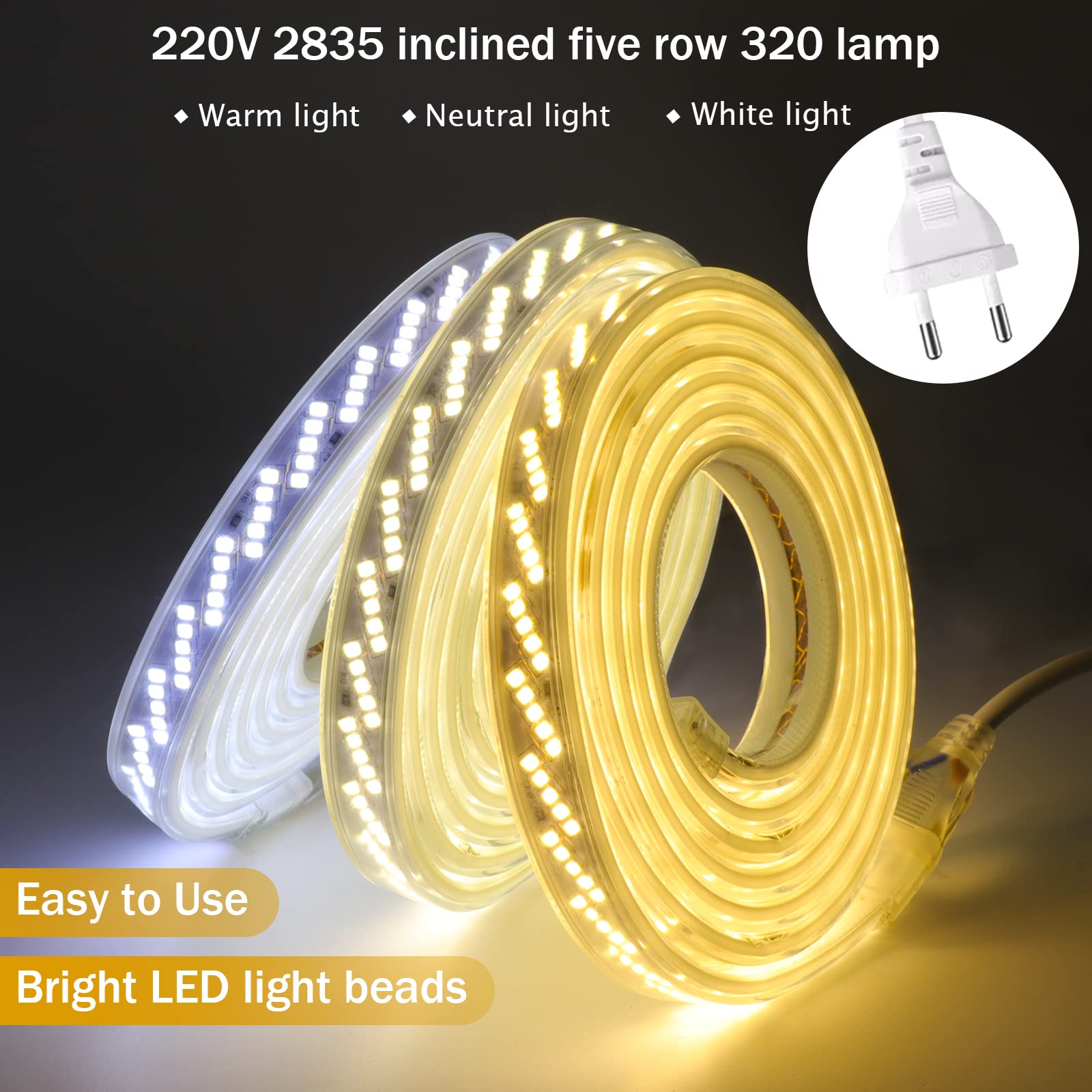 Tira LED recortable 220V CRI85+ [19M, Blanco cálido 3000-3500K], Tira LED flexible e impermeable IP65, SMD2835, ancho de FPCB: 12 mm, 320 LEDs/m, iluminación decorativa para hogar y tienda